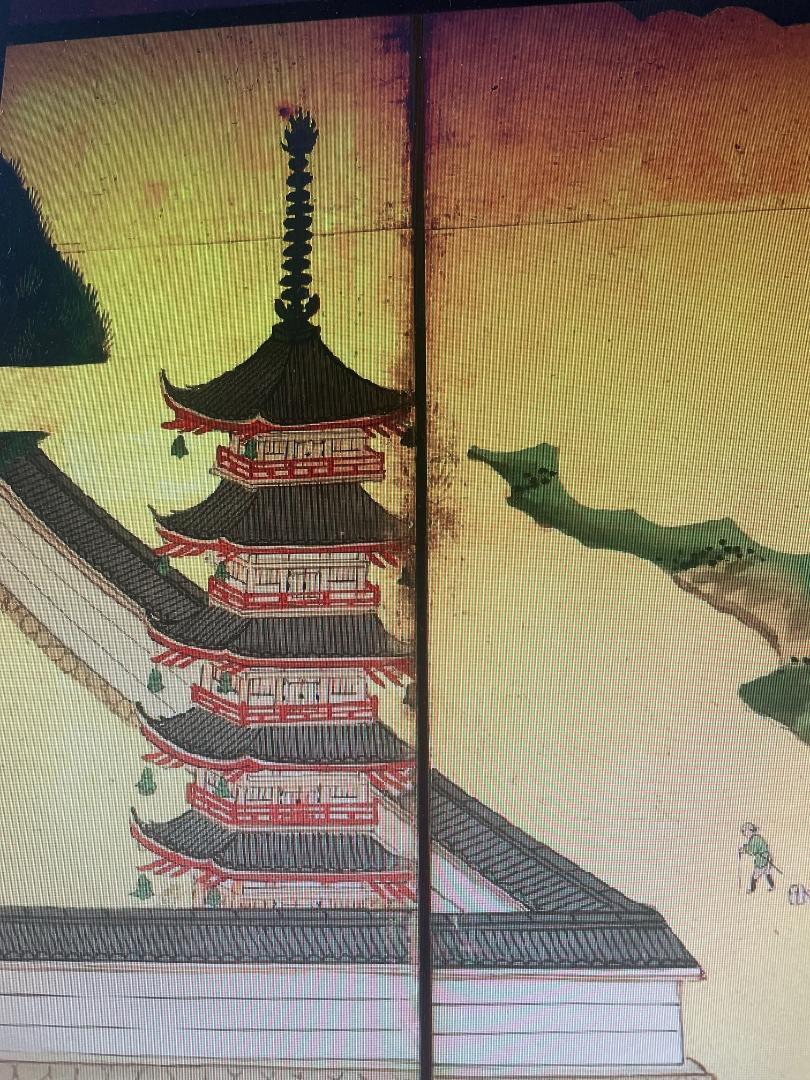 Japanese Antique Stunning Hand Painted Green Gardens, Pagodas,  Lanterns Screen 6