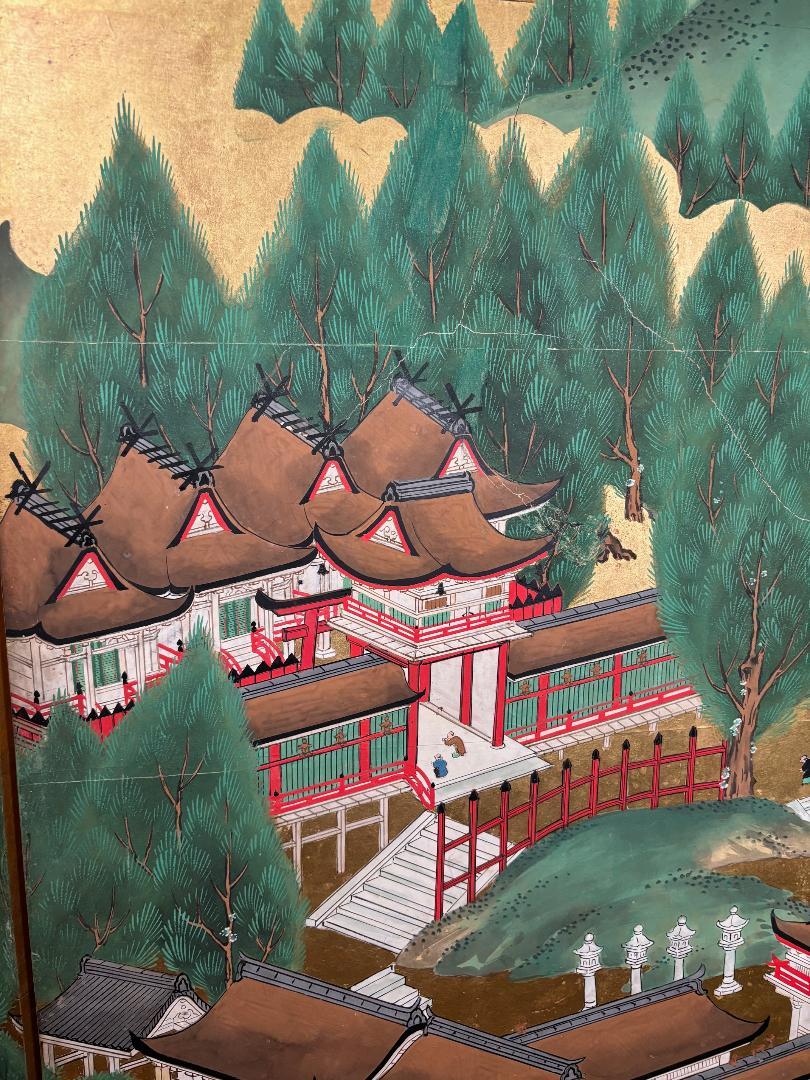 Japanese Antique Stunning Hand Painted Green Gardens, Pagodas,  Lanterns Screen 1