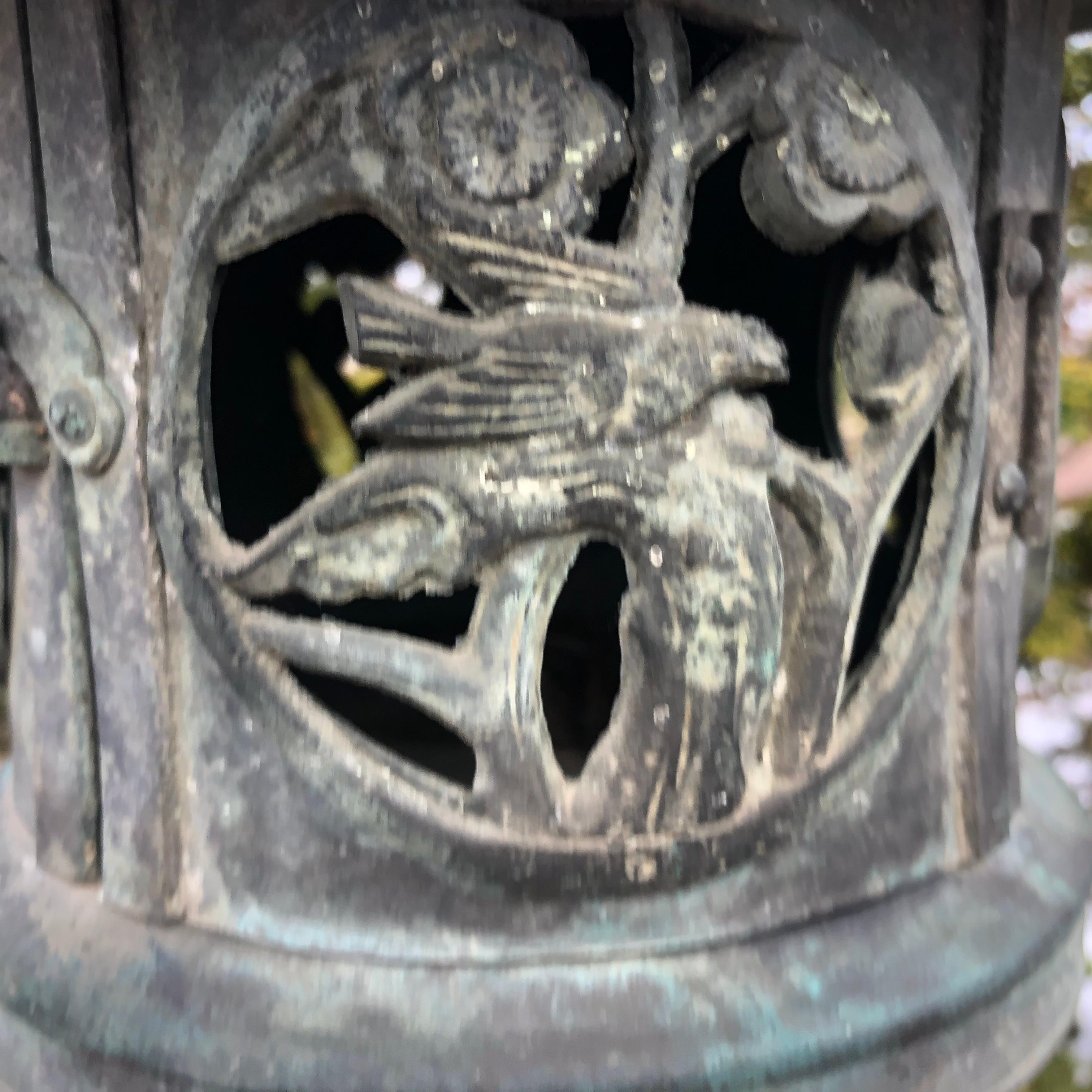 Taisho Japanese Antique Tall Bronze Lantern with Birds, Hearts, & Bamboo