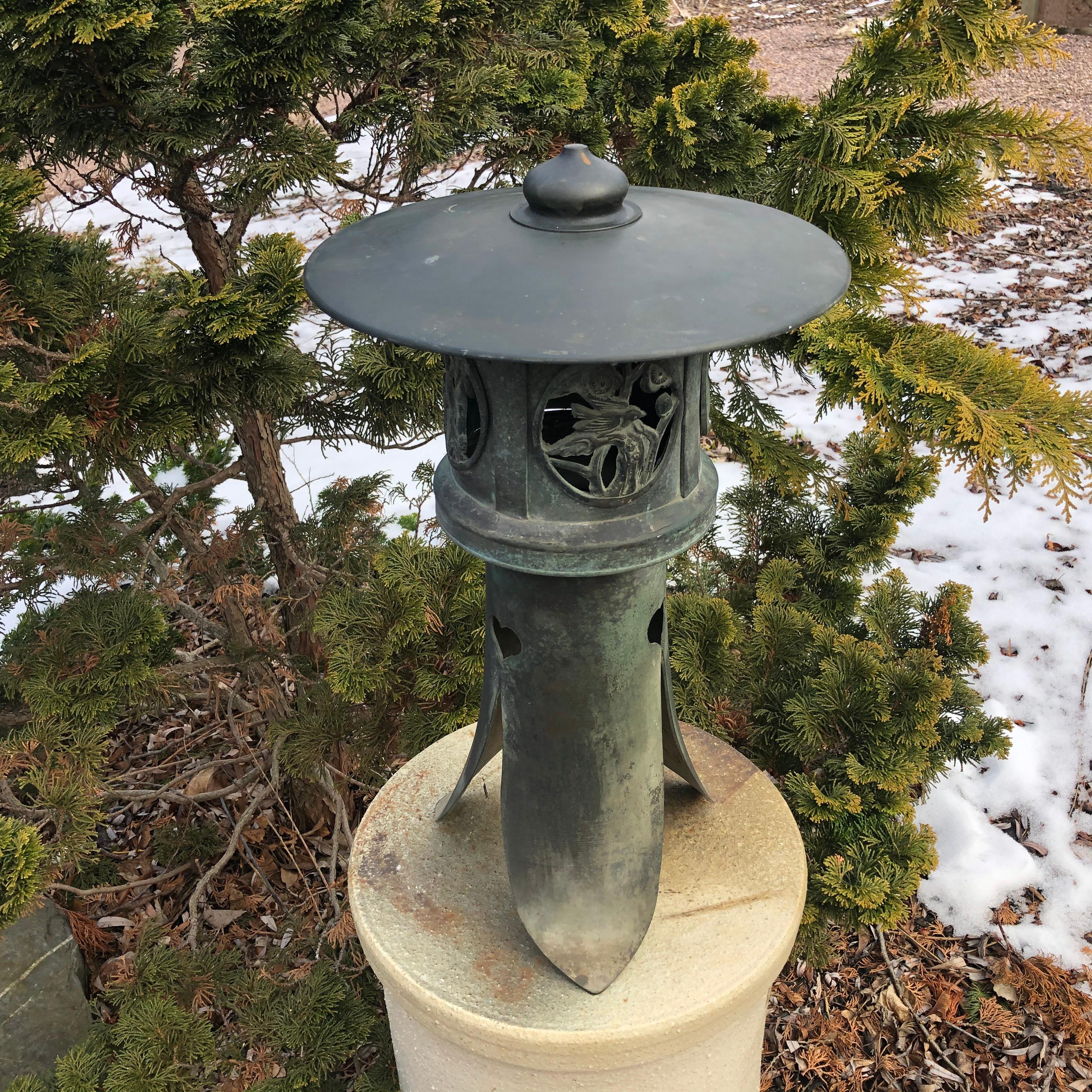 Cast Japanese Antique Tall Bronze Lantern with Birds, Hearts, & Bamboo
