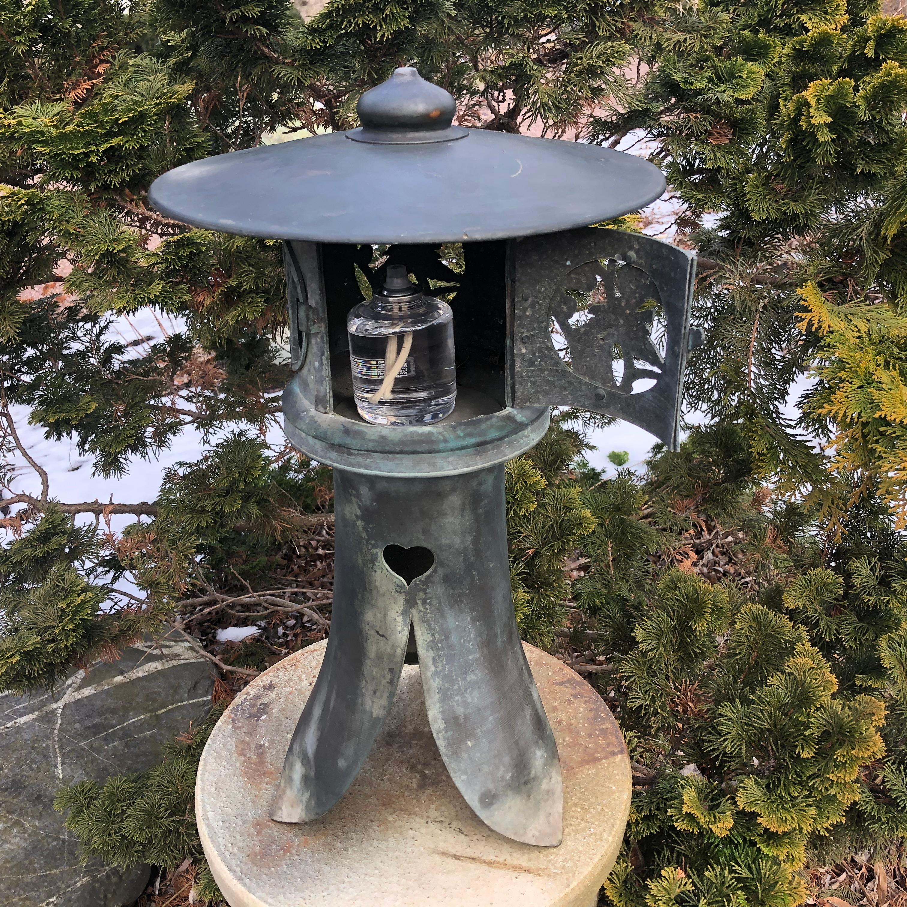 Japanese Antique Tall Bronze Lantern with Birds, Hearts, & Bamboo 2