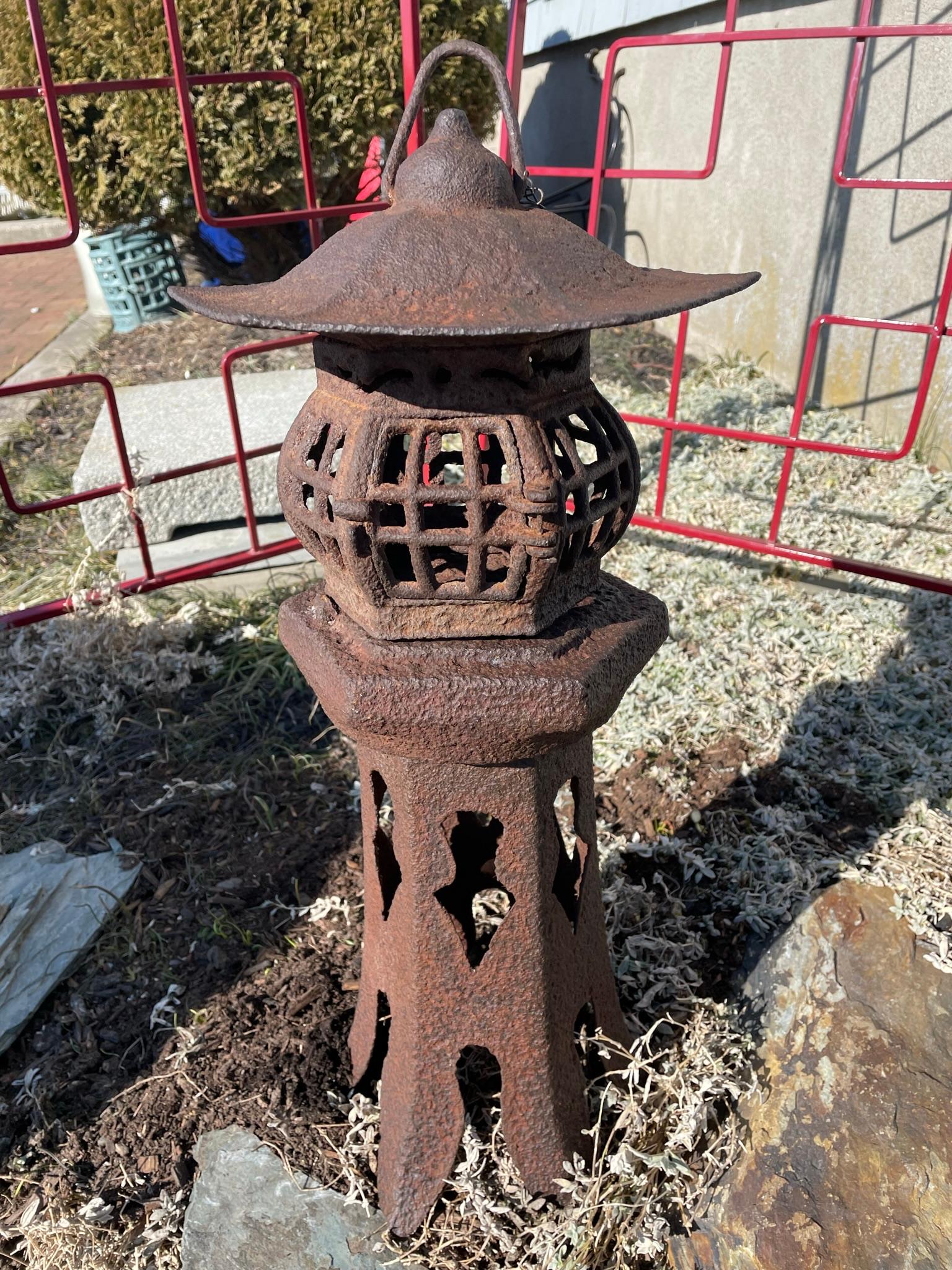Taisho Japanese Antique Tall Hand Cast Pagoda House Lighting Lantern