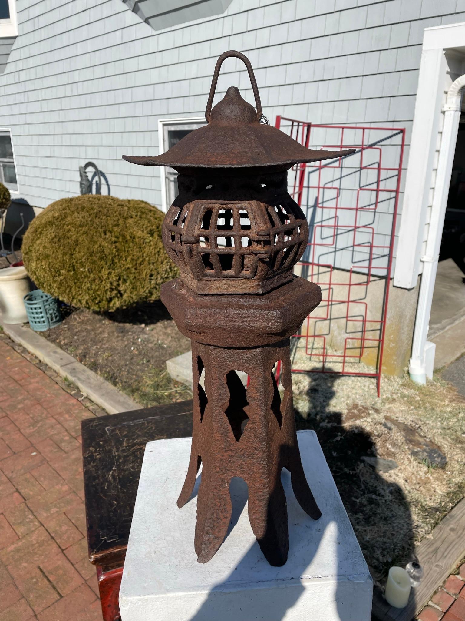 Japanese Antique Tall Hand Cast Pagoda House Lighting Lantern In Good Condition In South Burlington, VT