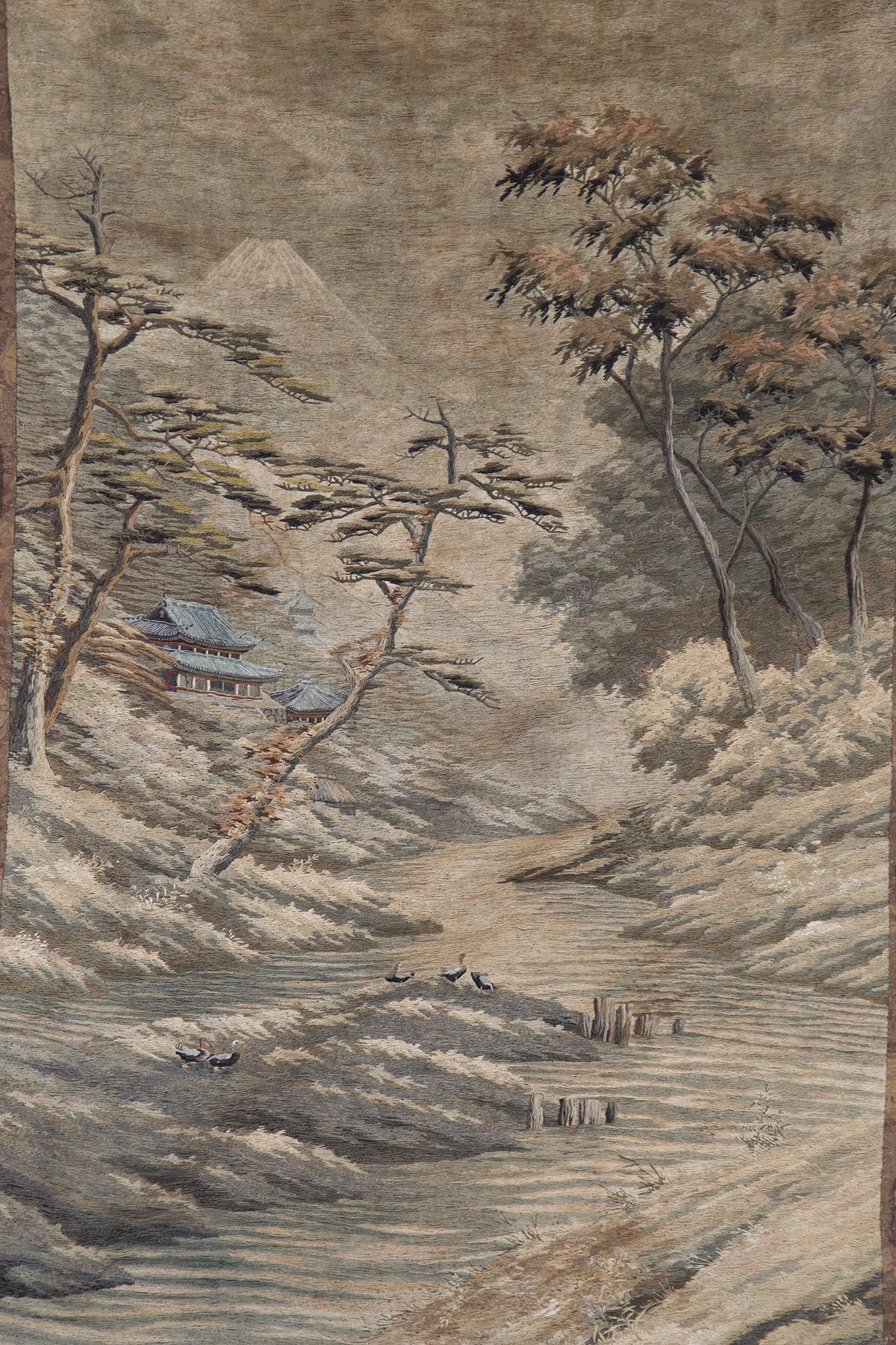 Early 19th Century Japanese Antique Tapestry in Silk and Cotton
