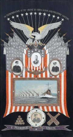Japanese Antique Textile Panel of American Historical Great White Fleet