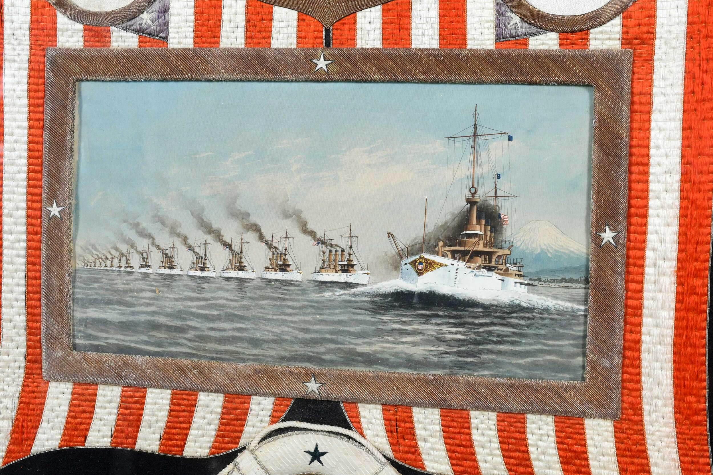 Japanese Antique Textile Panel of American Historical Great White Fleet In Good Condition For Sale In Atlanta, GA