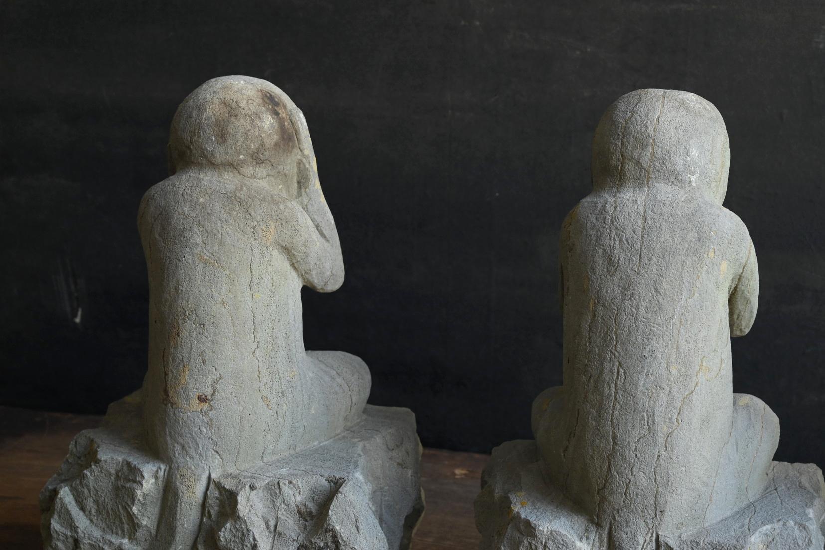 Stone Japanese antique: Three monkeys from the Edo period / 19th century / 