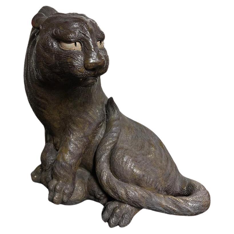 20th Century Japanese Antique Tiger With Baby Handmade Hand Glazed Master Work