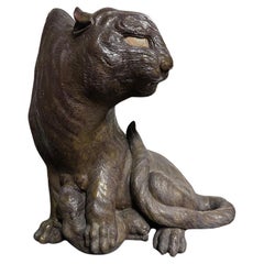 Tigre Antiguo Japonés Con Bebé Hecho a Mano Obra Maestra Esmaltada a Mano
