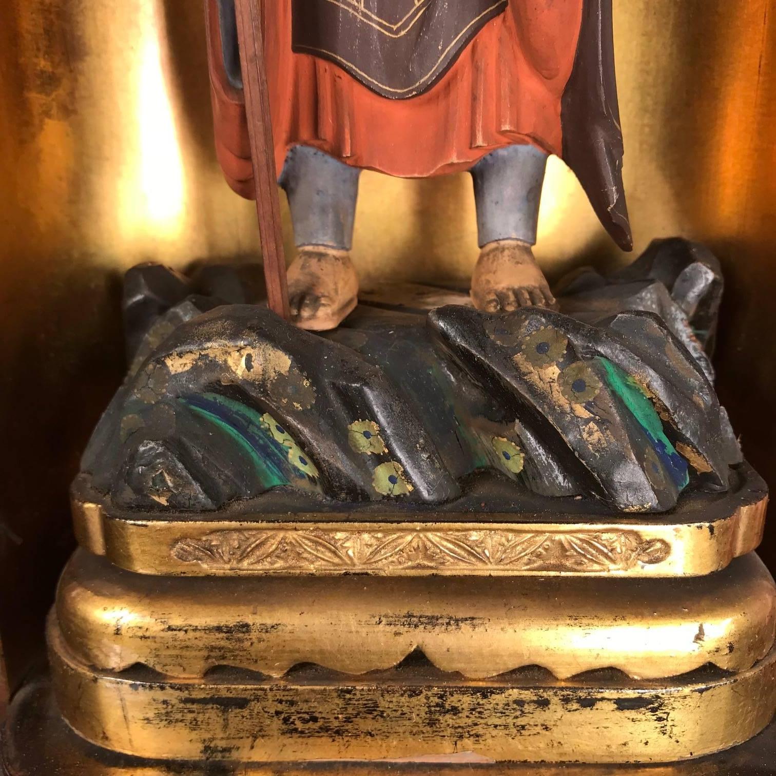 20th Century Japanese Antique Traveling Shrine Buddhist Bodhisattva with Staff and Beads