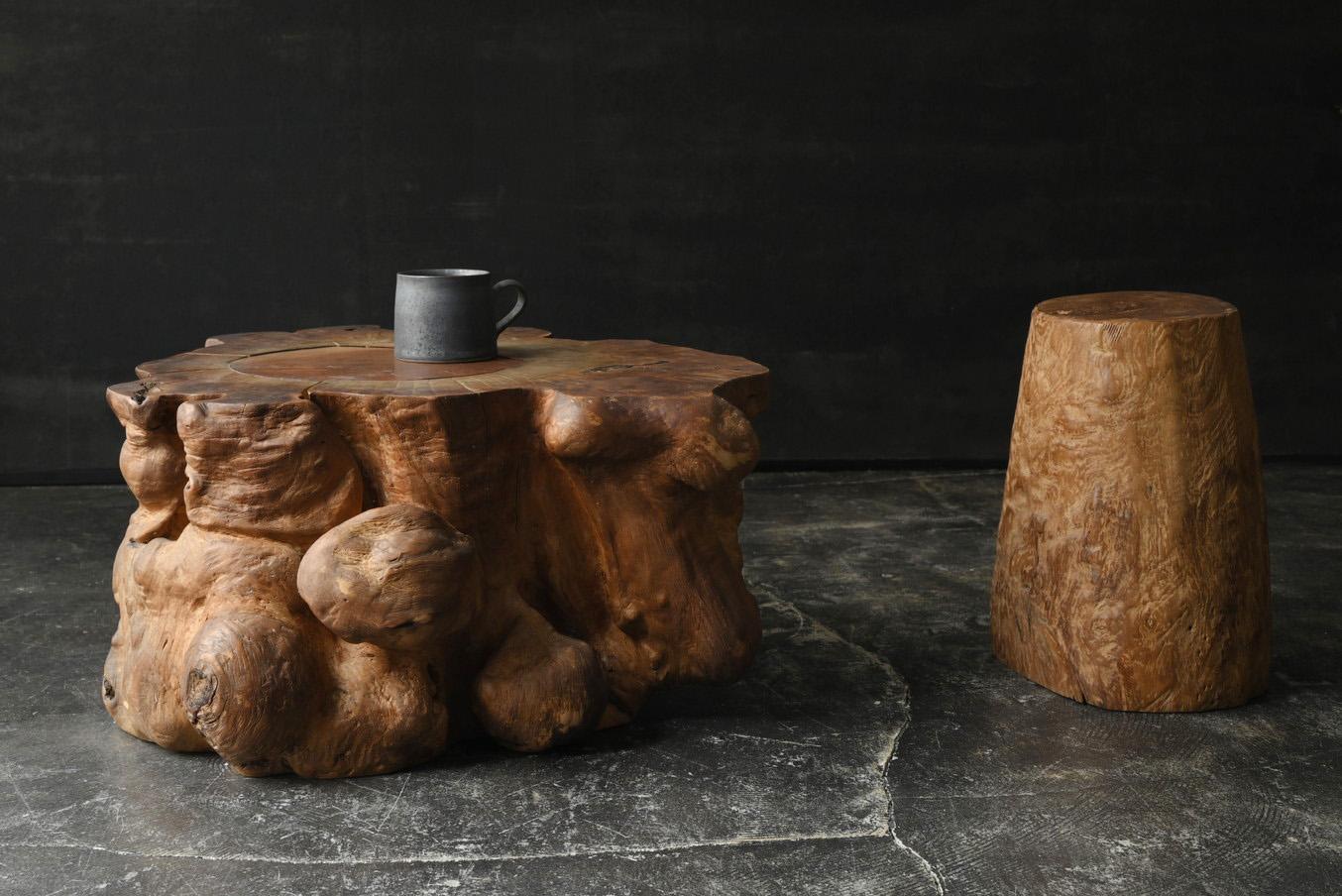 Taisho Japanese antique tree stump low table/coffee table/stool