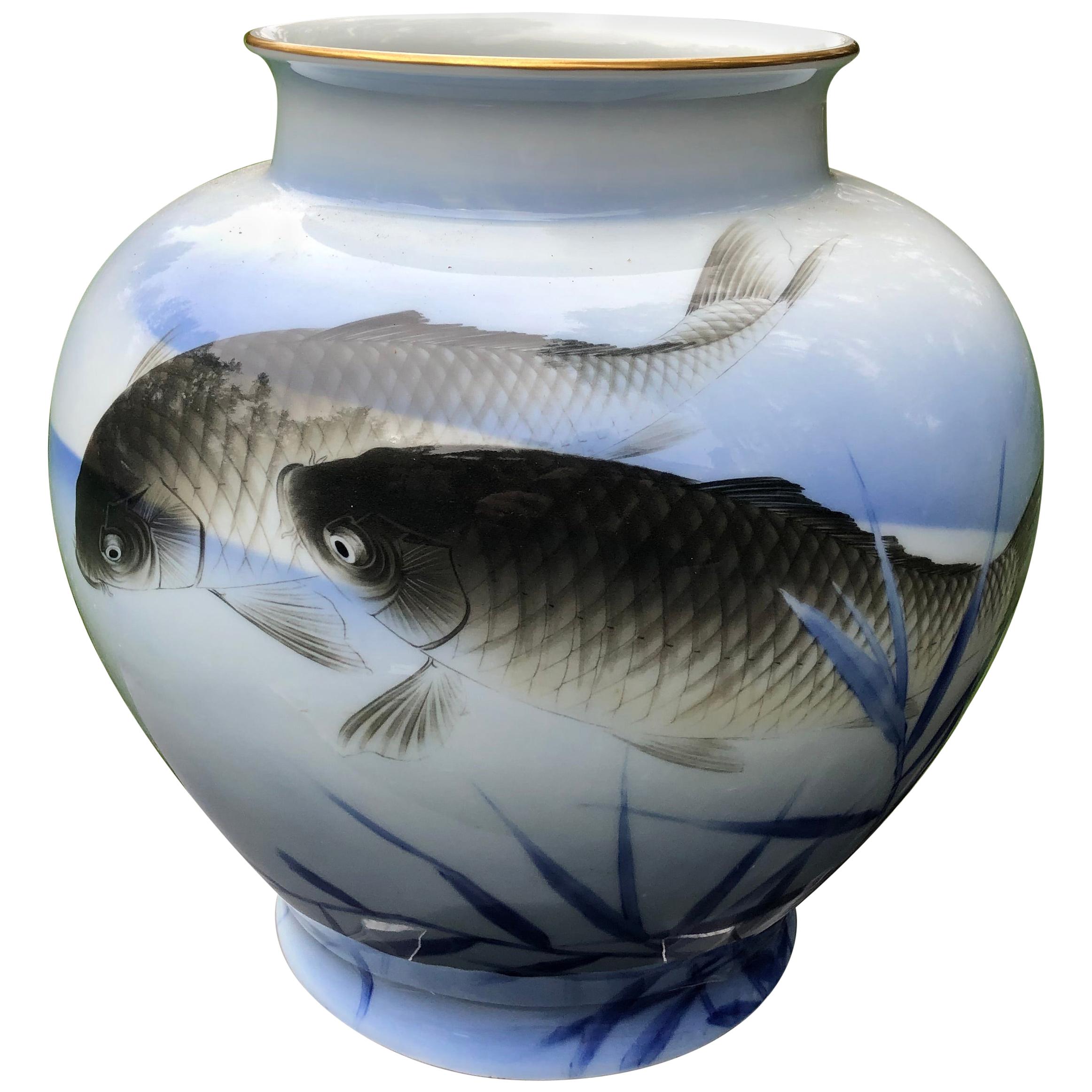 Japanese Antique "Triple Koi" Vase Hand Painted, Early 20th Century