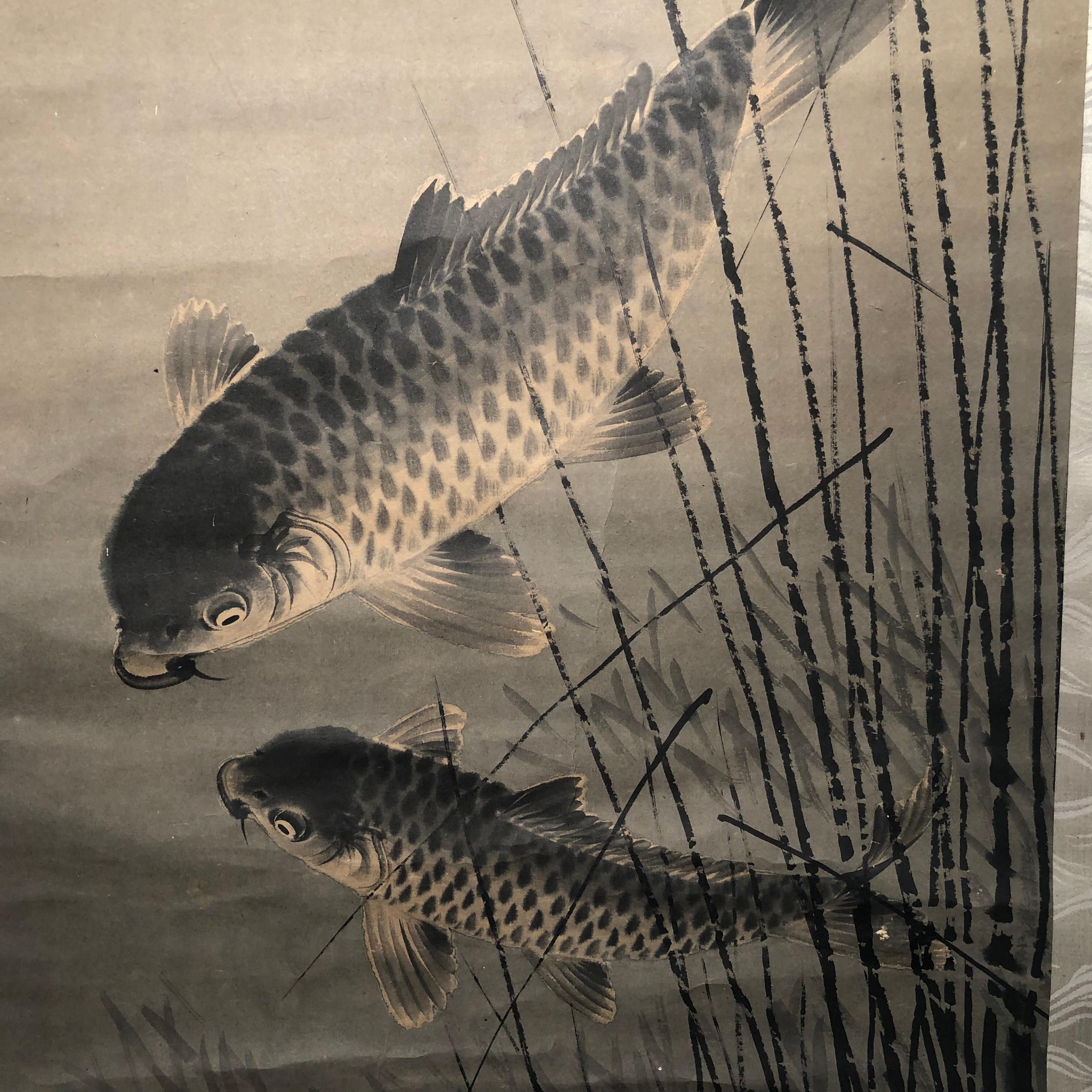 Taisho Japanese Antique Two Koi  Hand Painted Signed Scroll