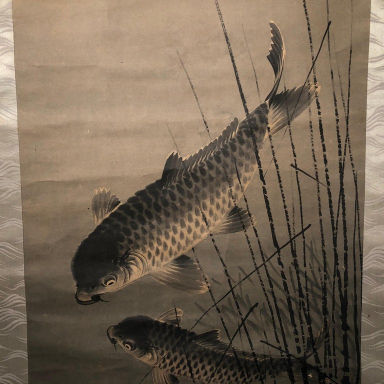 Hand-Painted Japanese Antique Two Koi  Hand Painted Signed Scroll