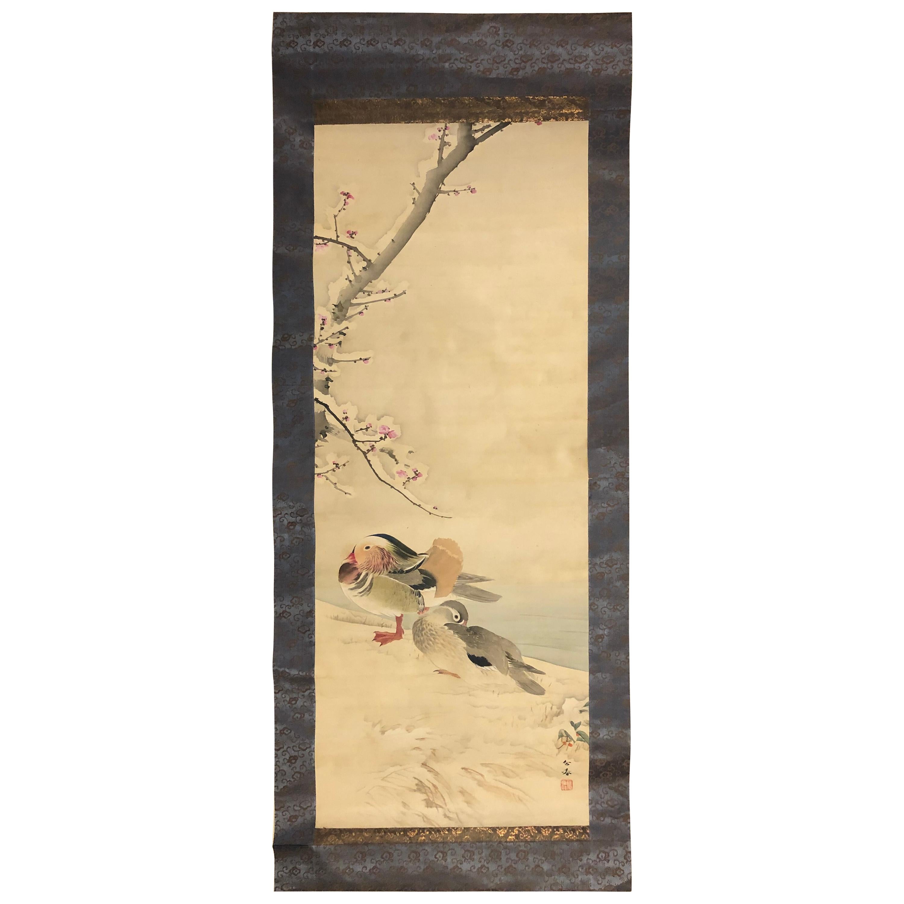 Japanese Antique "Two Mandarin Ducks" Hand Painted Silk Scroll