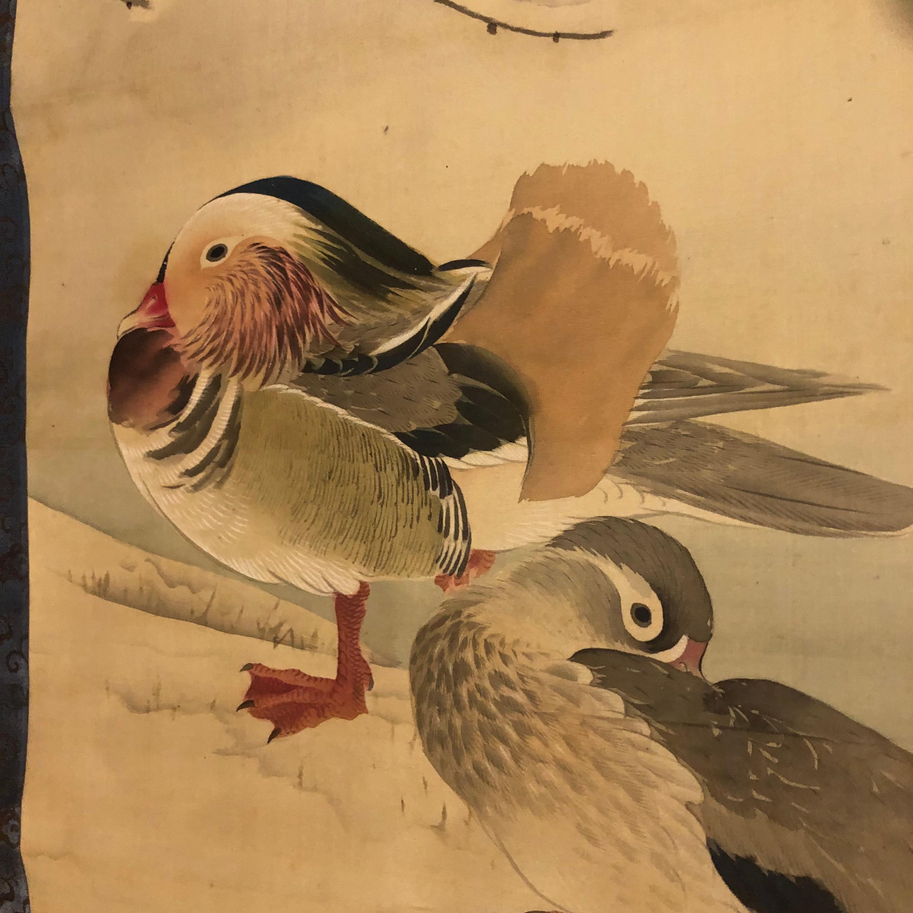 A very fine and bold Japanese antique hand painted silk scroll of two mandarin ducks underneath a sakura tree in full vibrant plume.

Meiji period.

Hand painting in lively colors with great details, signed.

Dimensions: 23 inches wide and