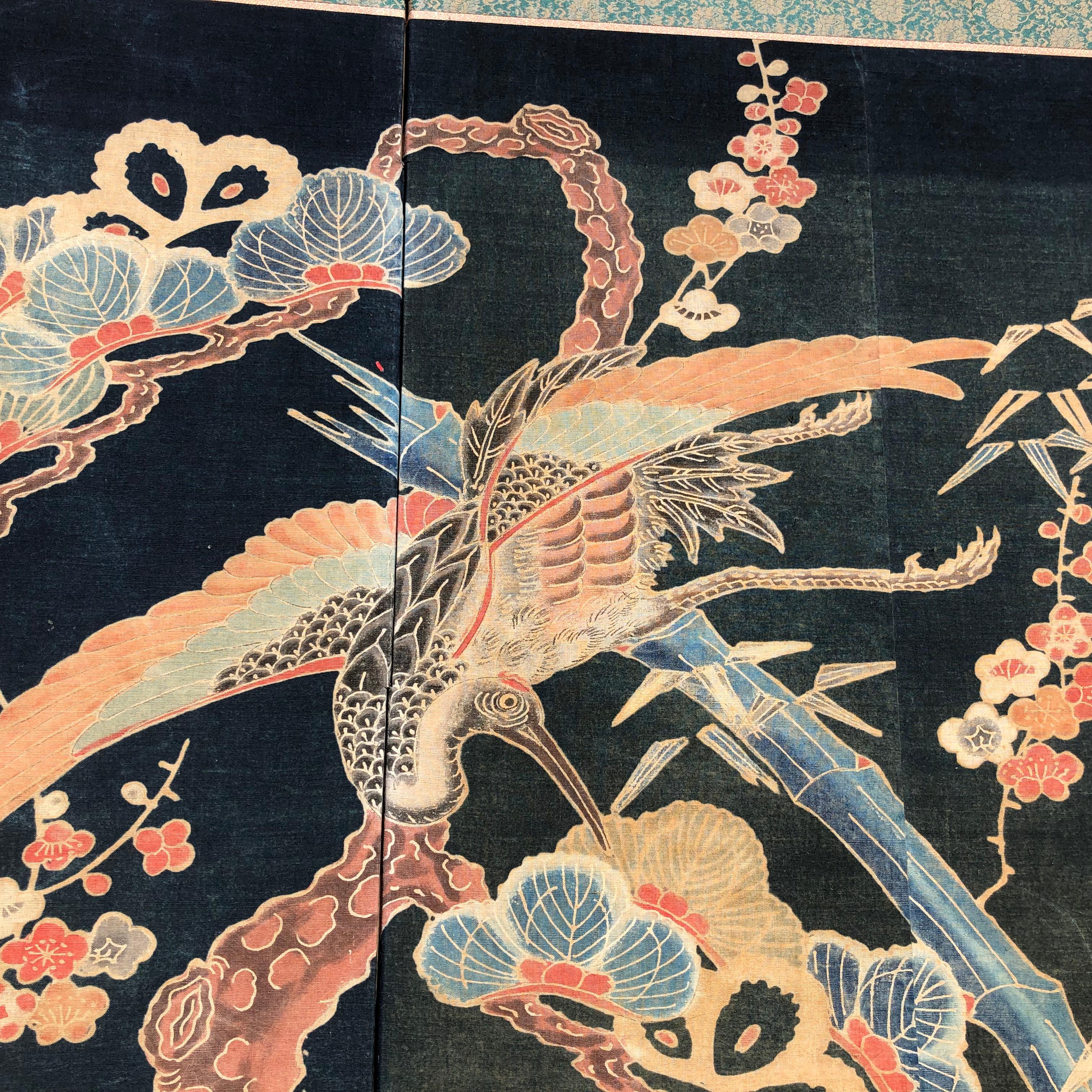 Japanese Antique Two Panel Screen Hand Spun Tsutsugaki Wall Art, 19th Century 4