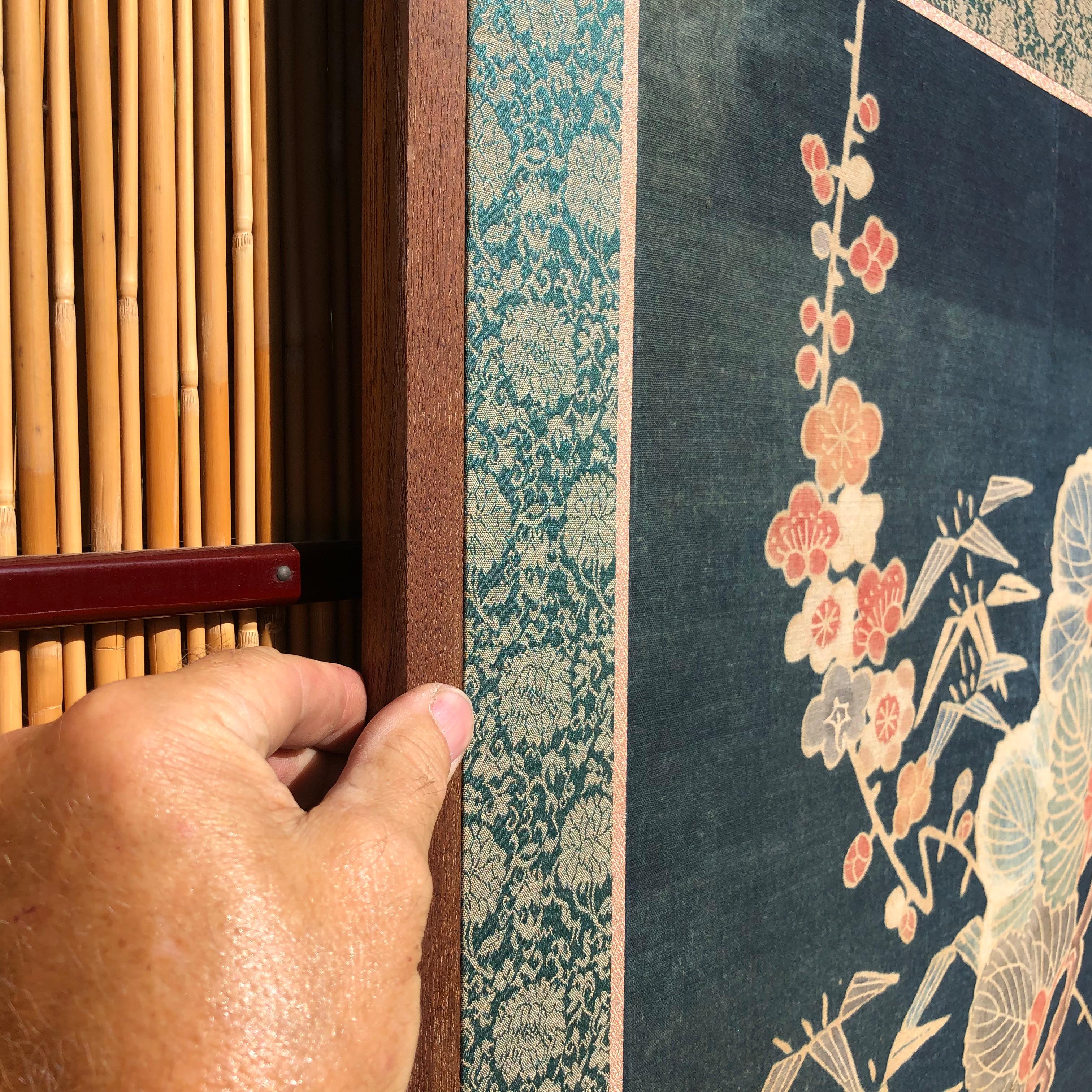 Japanese Antique Two Panel Screen Hand Spun Tsutsugaki Wall Art, 19th Century 7