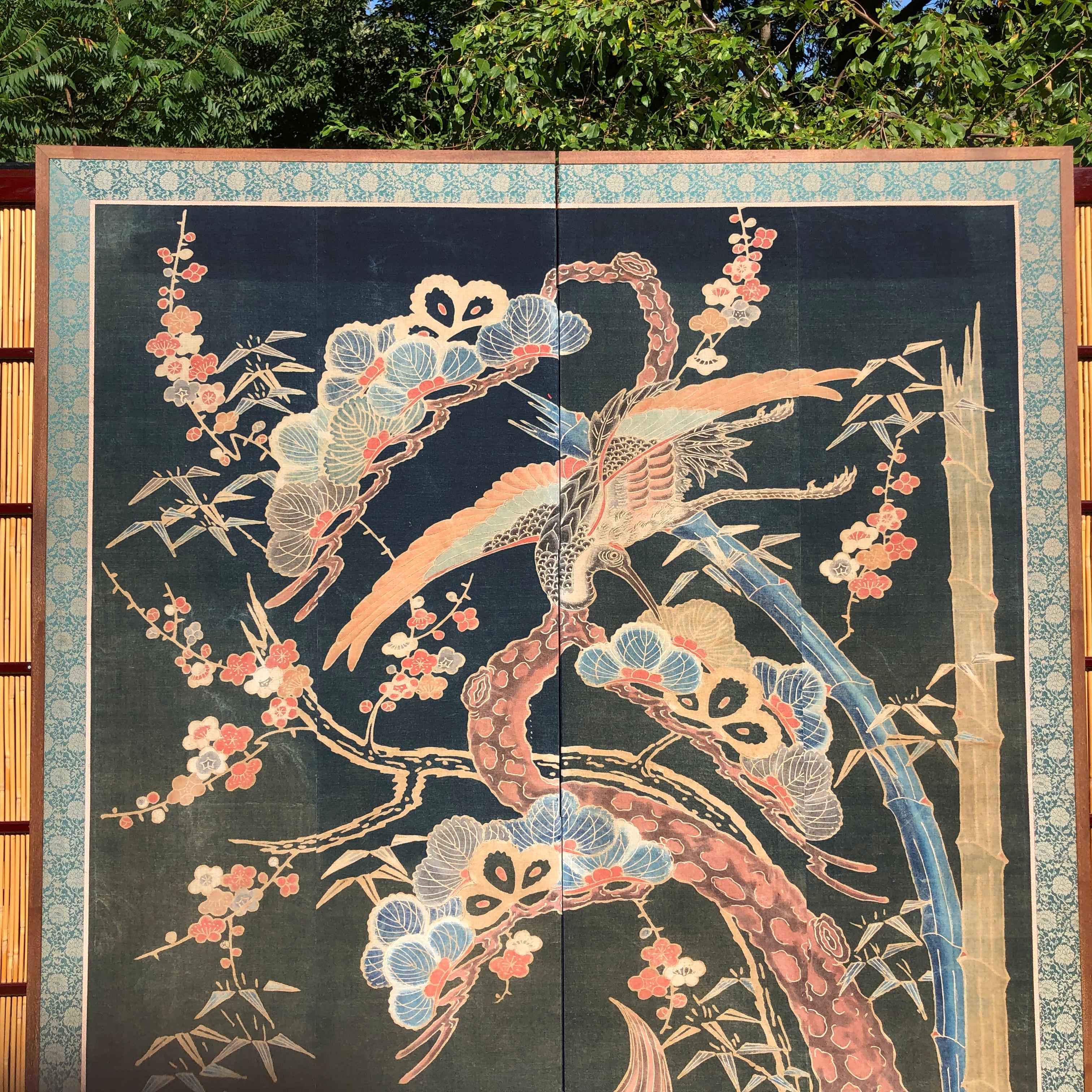 Meiji Japanese Antique Two Panel Screen Hand Spun Tsutsugaki Wall Art, 19th Century