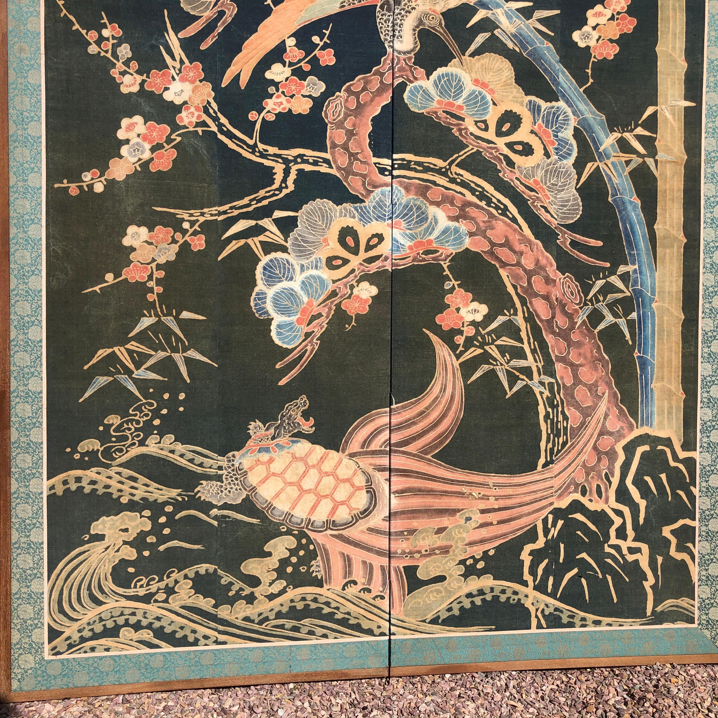 Hand-Woven Japanese Antique Two Panel Screen Hand Spun Tsutsugaki Wall Art, 19th Century