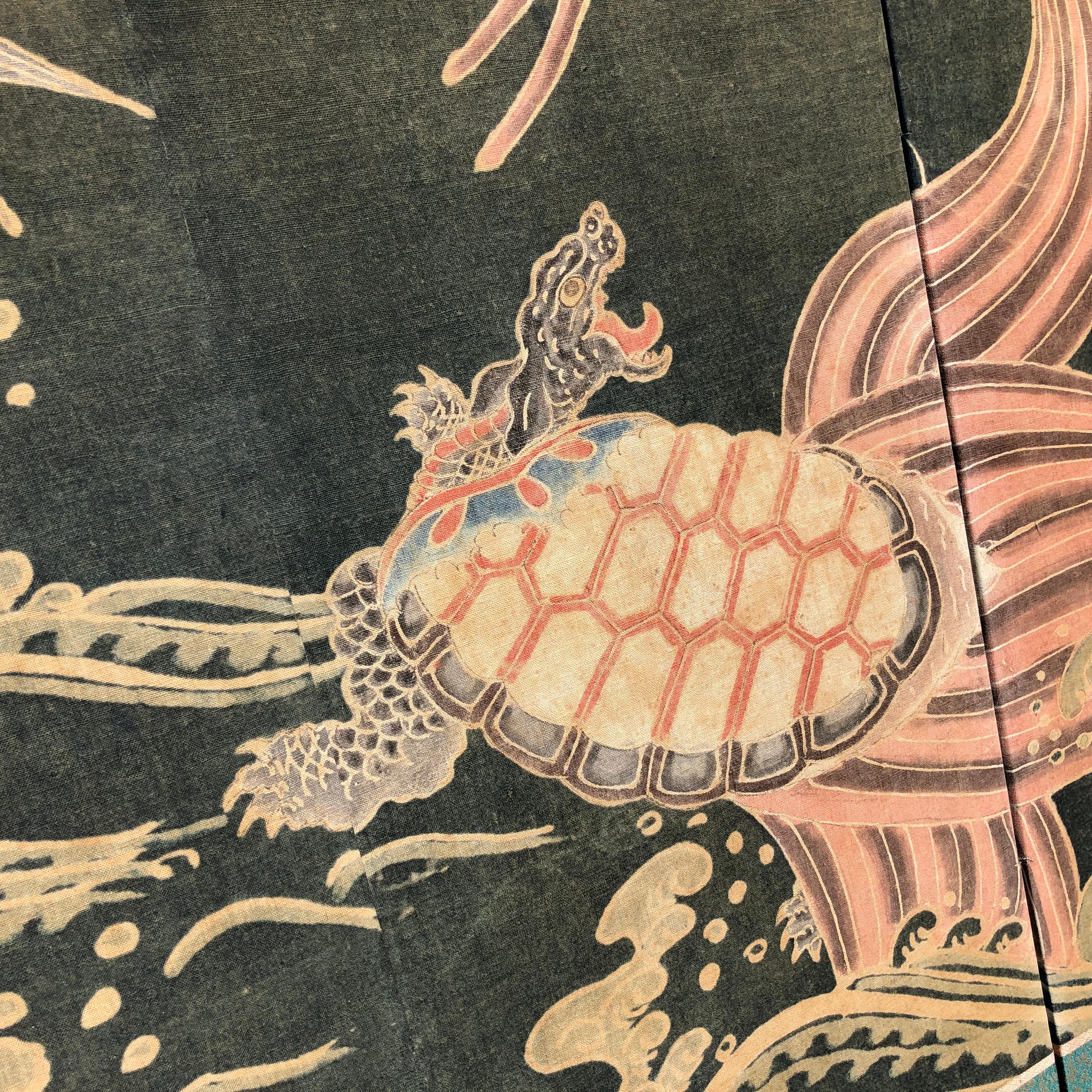 Cotton Japanese Antique Two Panel Screen Hand Spun Tsutsugaki Wall Art, 19th Century