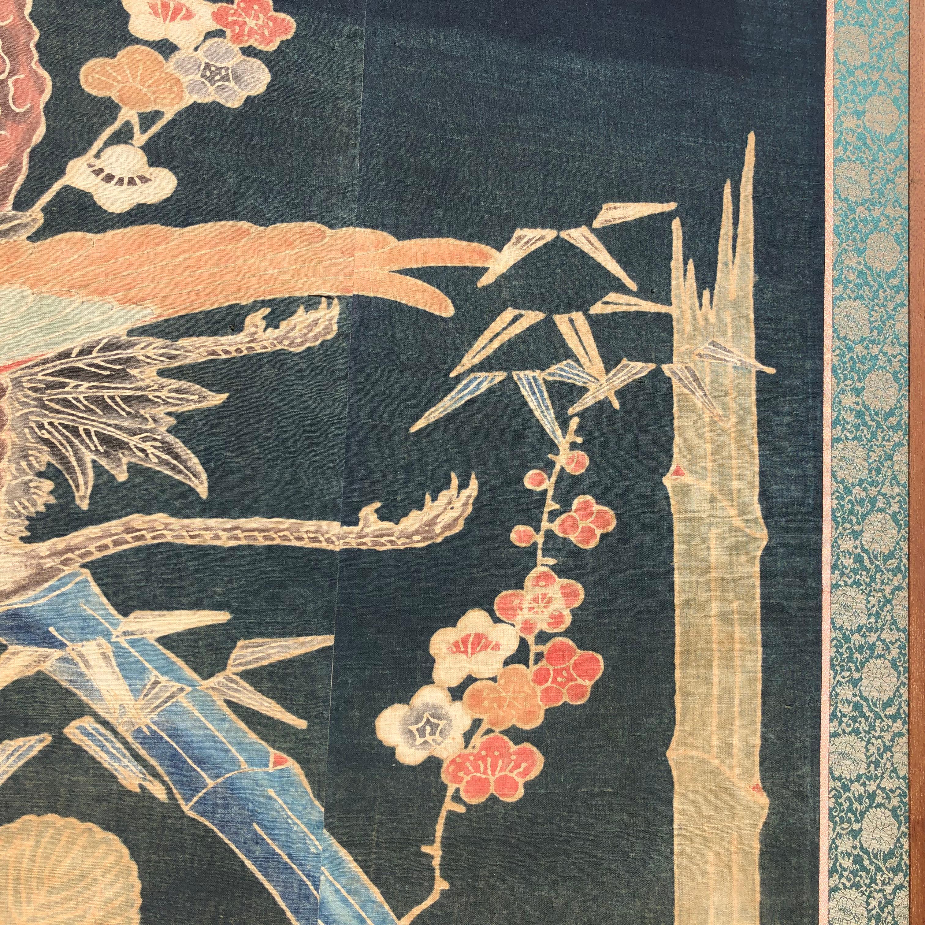 Japanese Antique Two Panel Screen Hand Spun Tsutsugaki Wall Art, 19th Century 1
