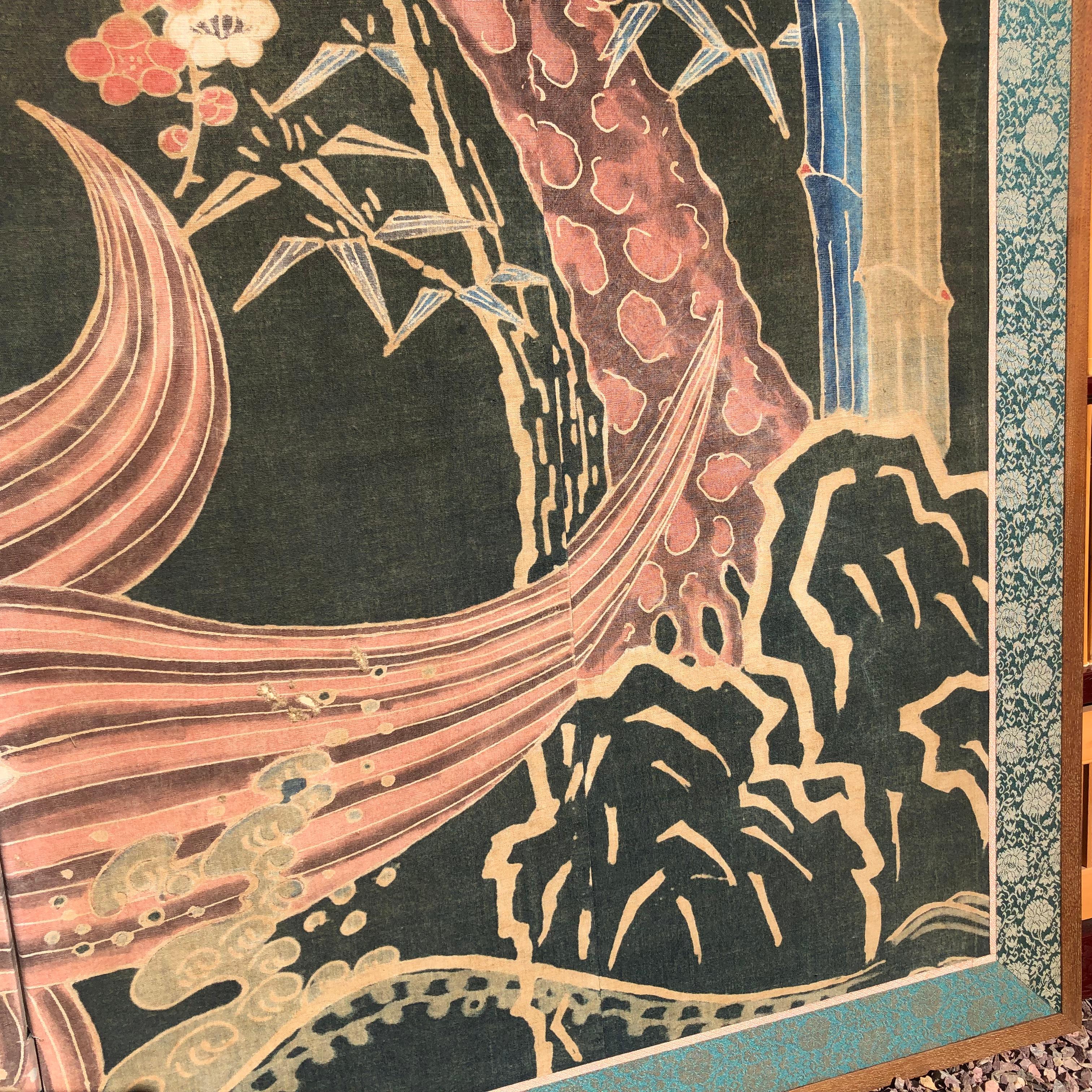 Japanese Antique Two Panel Screen Hand Spun Tsutsugaki Wall Art, 19th Century 2