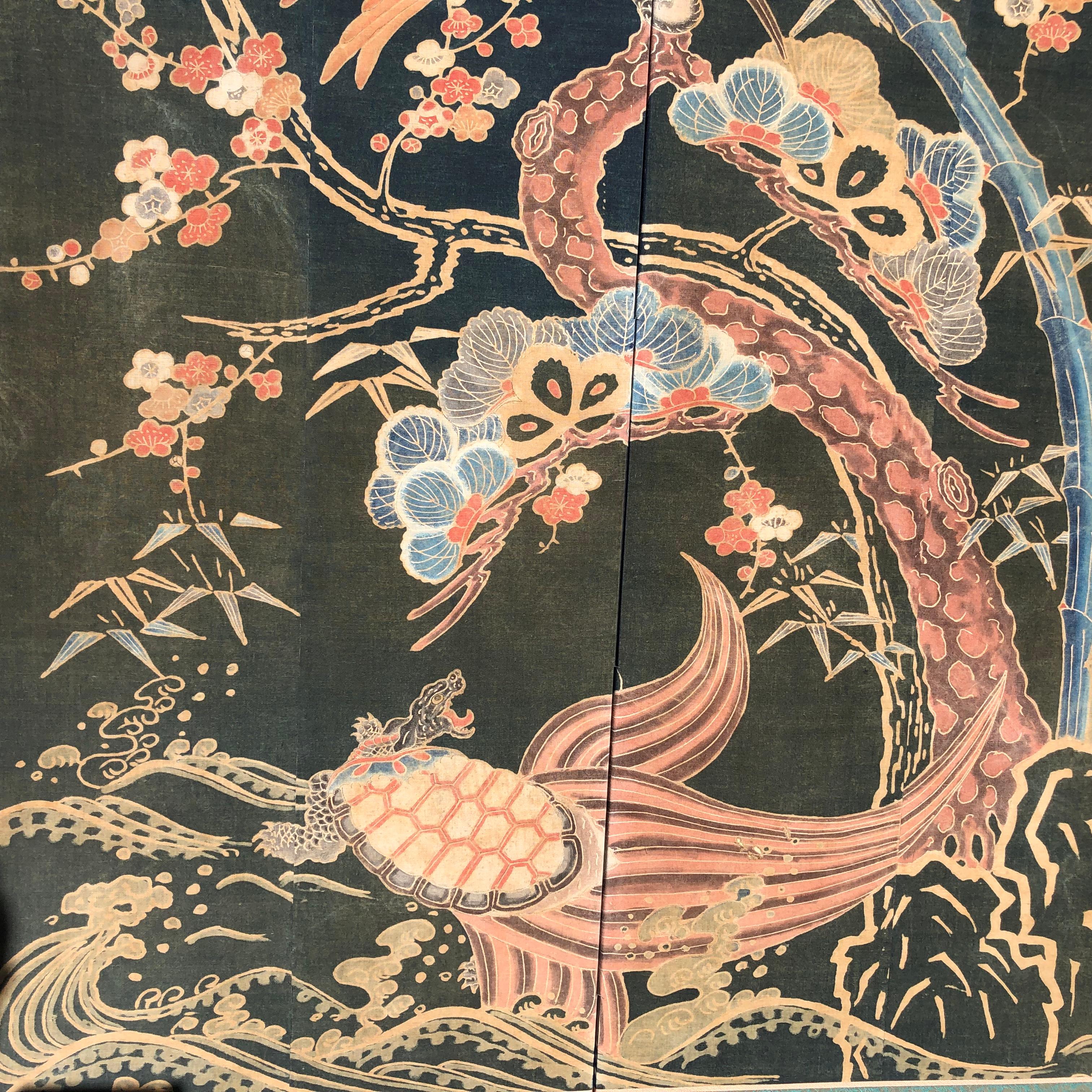 Japanese Antique Two Panel Screen Hand Spun Tsutsugaki Wall Art, 19th Century 3