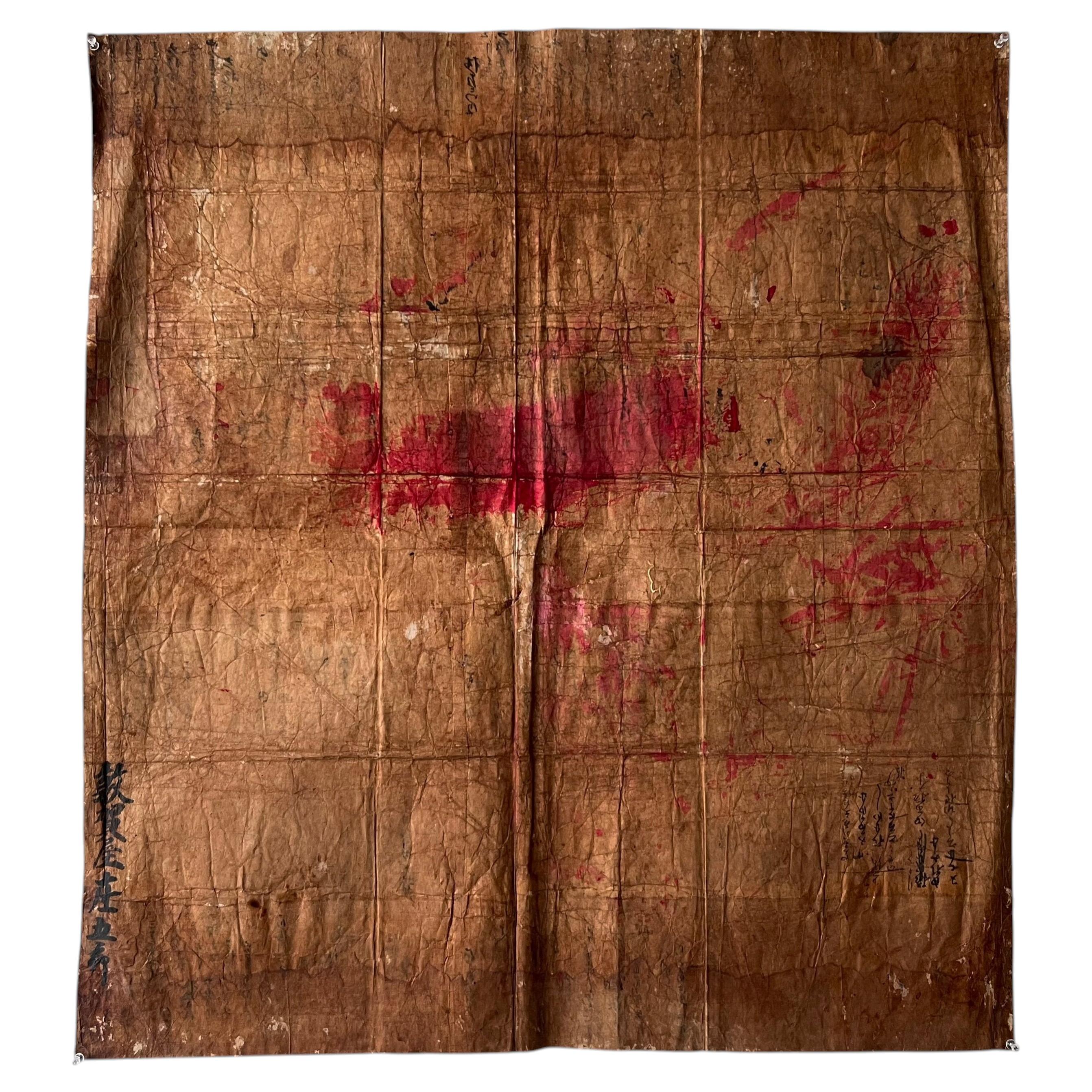Japanese Antique Wabi-Sabi Abstract Panel・Layered Washi Kakishibu Tapestry/1870s