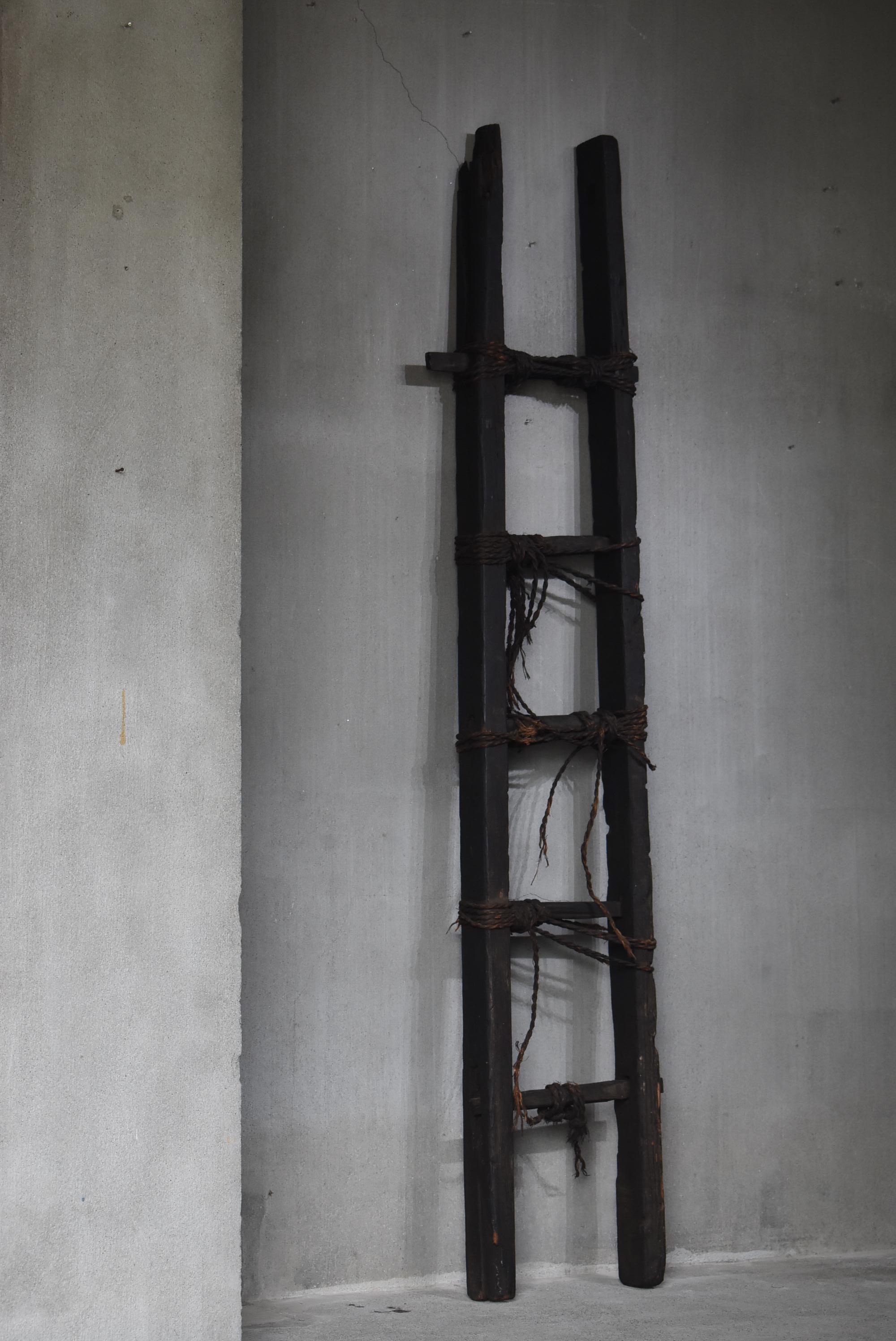 Il s'agit d'une très ancienne échelle noire fabriquée au Japon.
La simplicité de sa construction et son état suggèrent qu'il a été utilisé à la fin de la période Edo (années 1800-1860).
Il est fait de bois de cèdre avec des cordes de paille