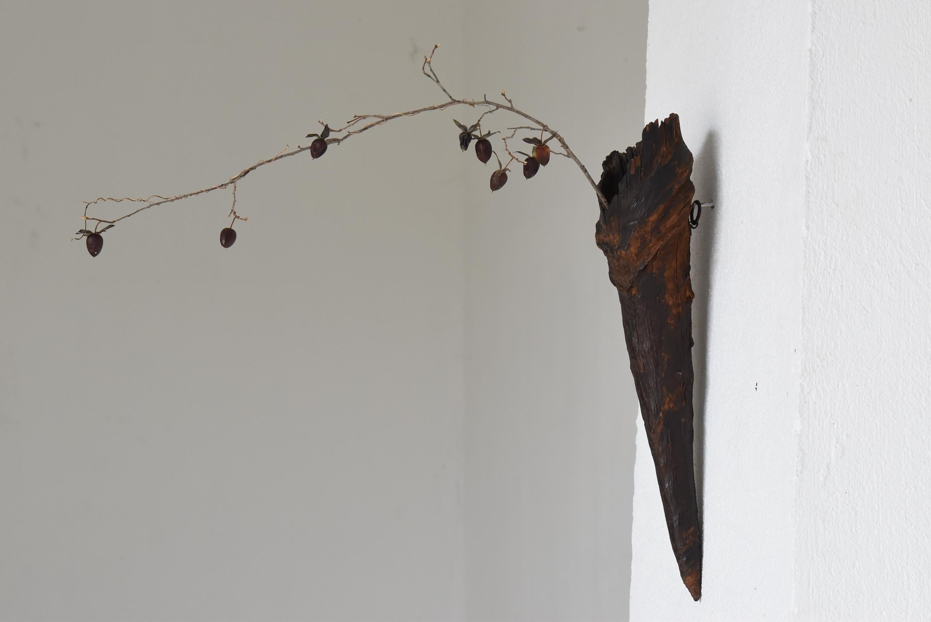 Woodwork Japanese Antique Wall-Hanging Wooden Flower Vessel 1900s-1940s / Wabi Sabi For Sale
