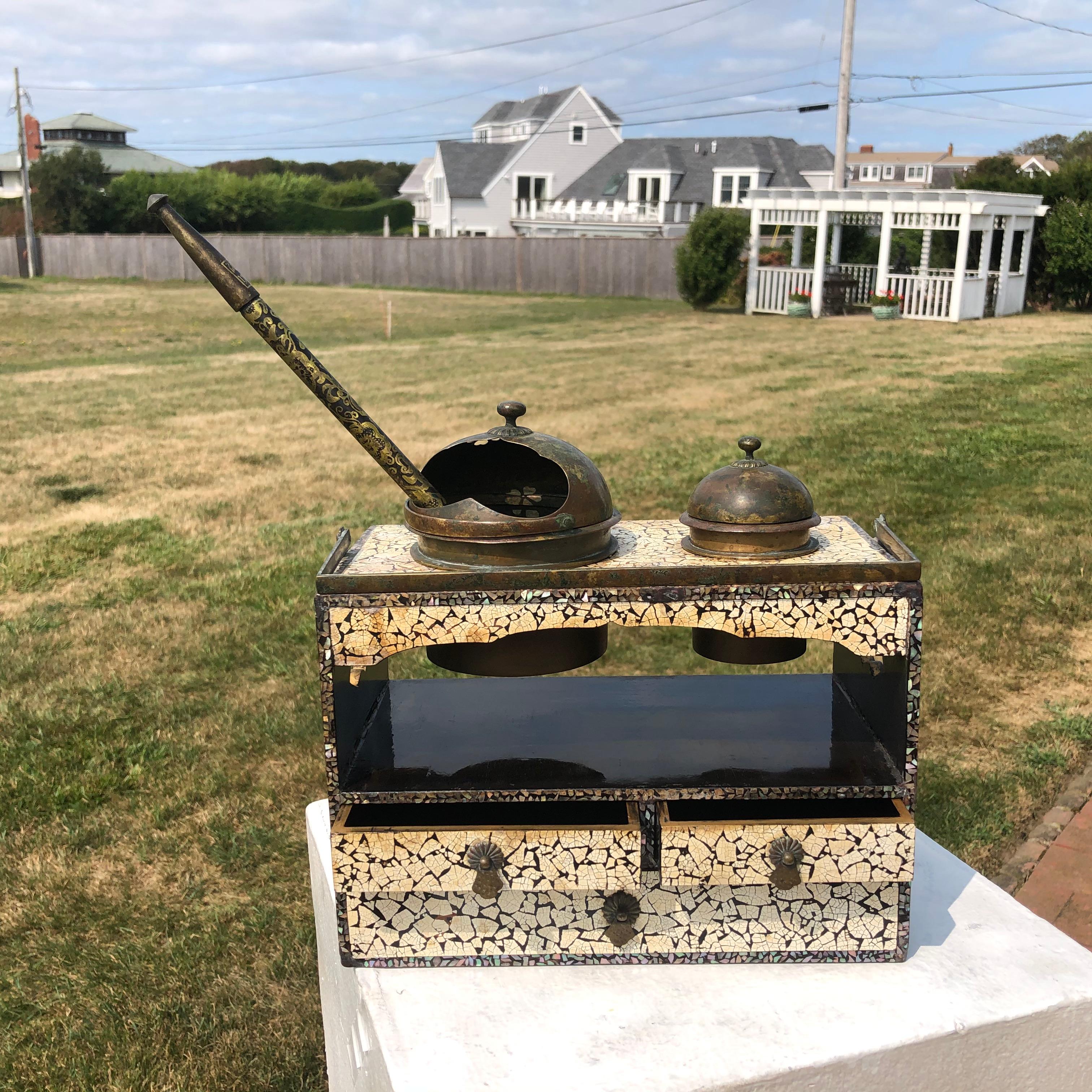 Gilt Japanese Rare Antique Inlaid Smoking Tansu, Complete 1850 For Sale