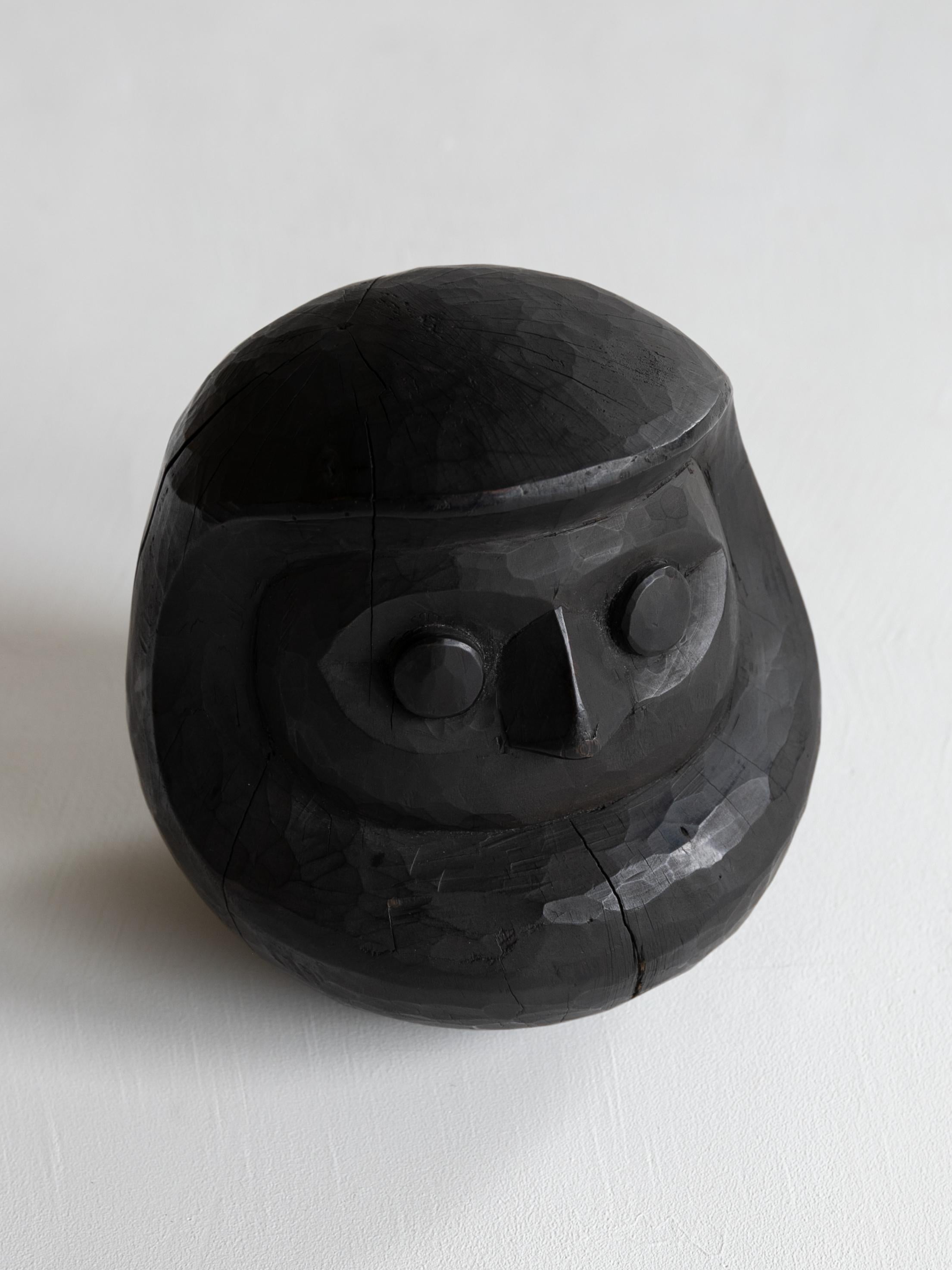 20th Century Japanese Antique Wood Carving Black Daruma 1860s-1920s / Wabi Sabi Sculpture For Sale