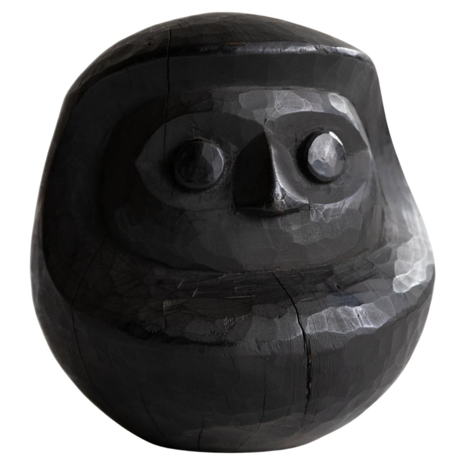 Japanese Antique Wood Carving Black Daruma 1860s-1920s / Wabi Sabi Sculpture For Sale