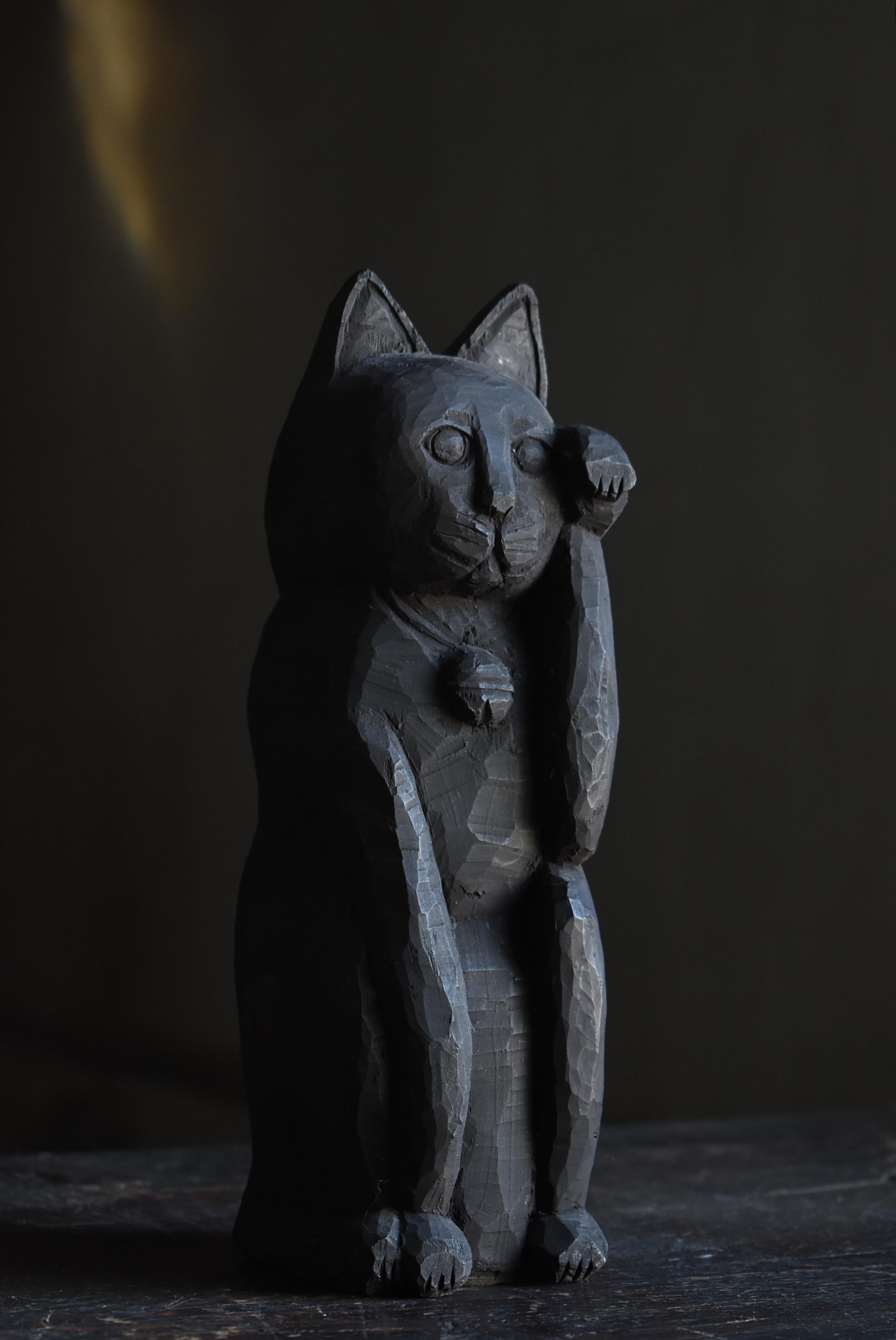 Japanese Antique Wood Carving Black Maneki Neko 1900s-1940s / Beckoning Cat 10