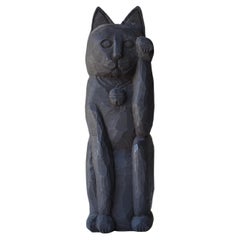 Japanese Antique Wood Carving Black Maneki Neko 1900s-1940s / Beckoning Cat