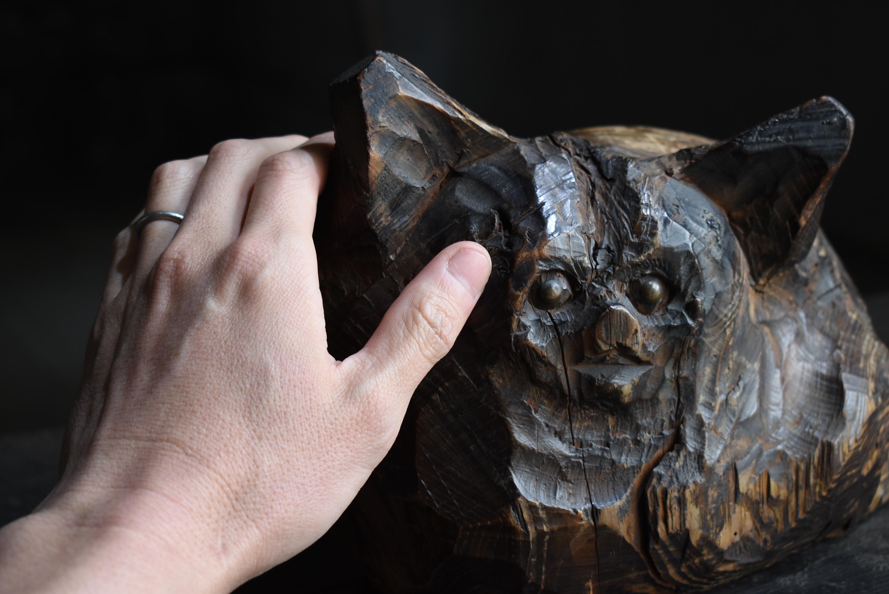 Japanese Antique Wood Carving Cat 1860s-1900s / Figurine Sculpture Wabi Sabi 6