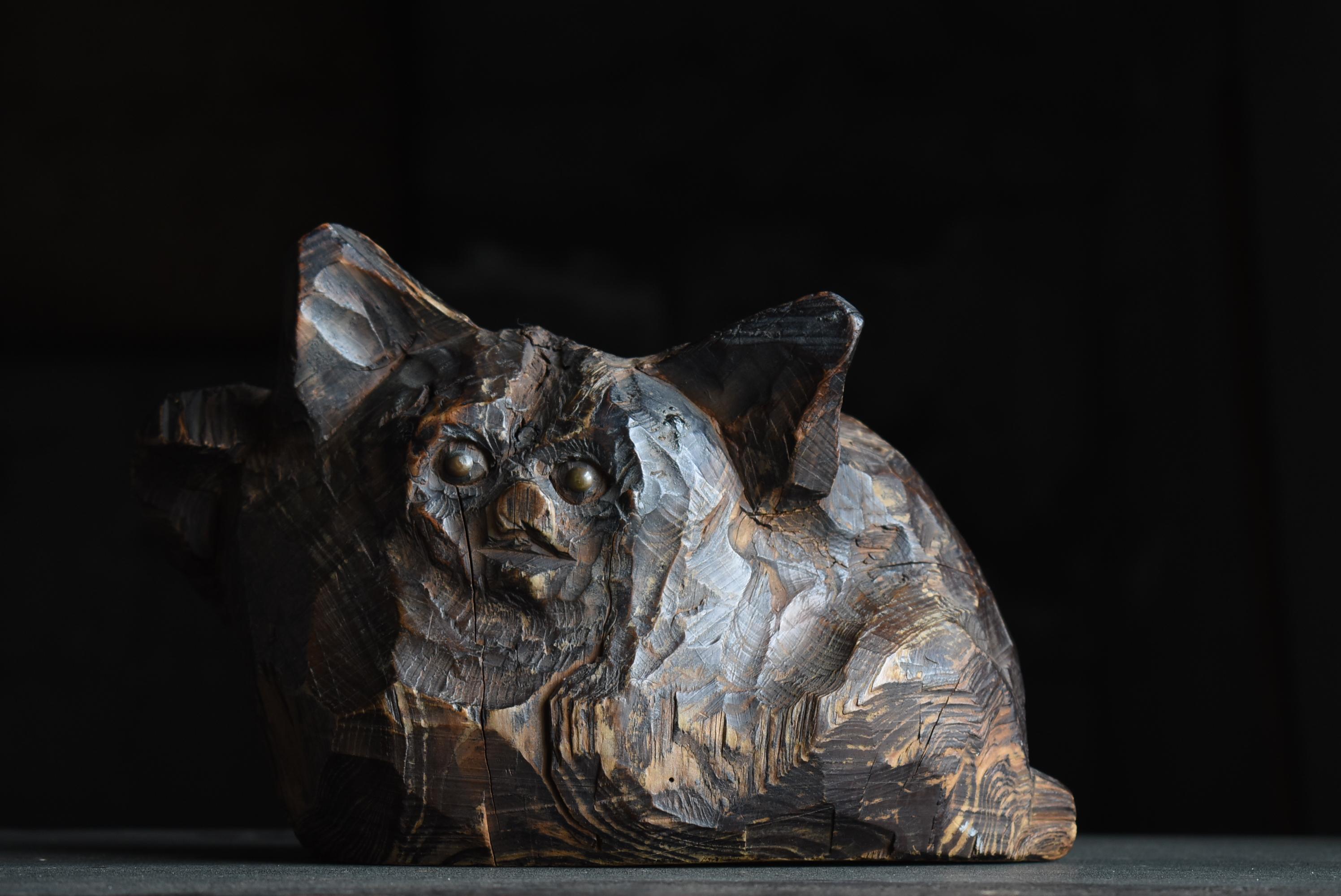 Japanese Antique Wood Carving Cat 1860s-1900s / Figurine Sculpture Wabi Sabi 7
