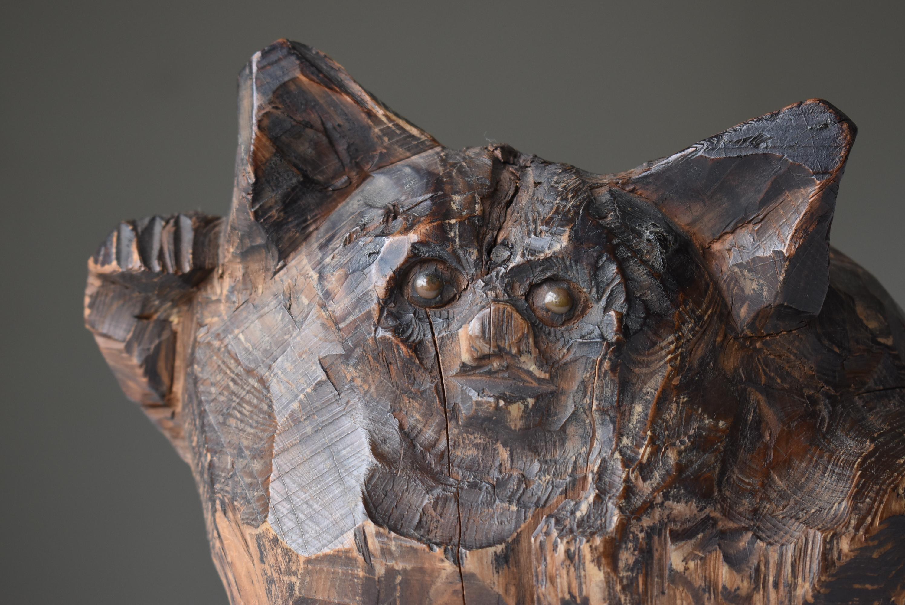 Meiji Japanese Antique Wood Carving Cat 1860s-1900s / Figurine Sculpture Wabi Sabi