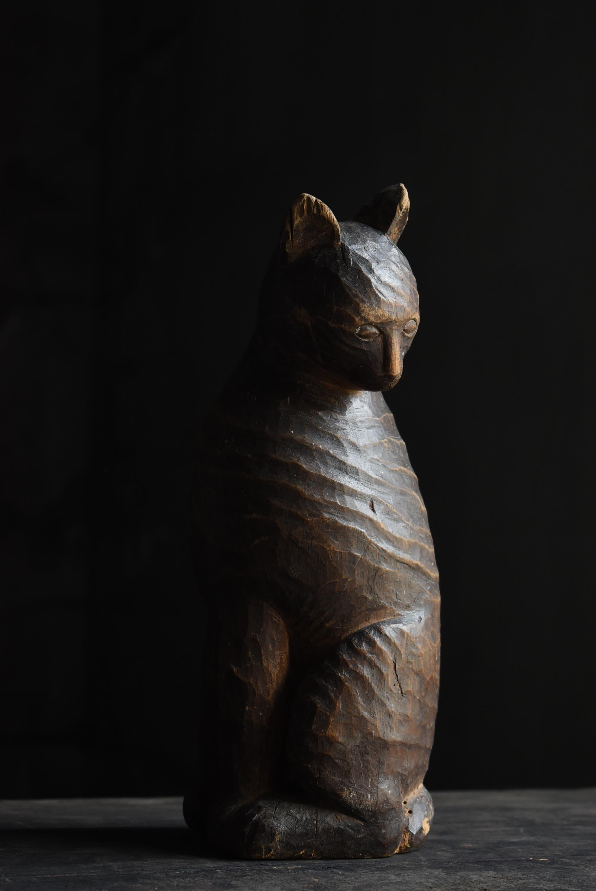 Meiji Japanese Antique Wood Carving Cat 1860s-1900s / Sculpture Wabi Sabi