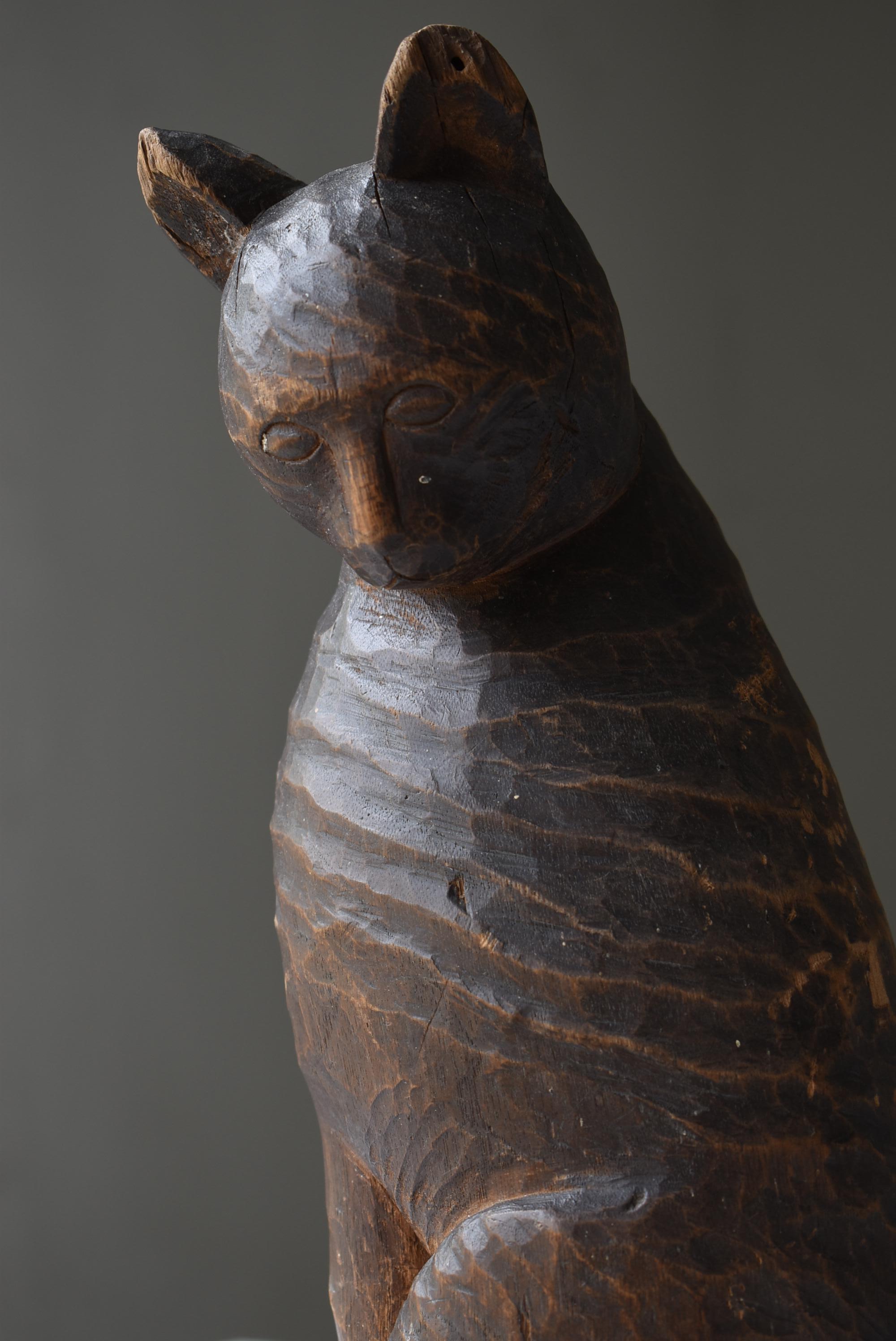 Hand-Carved Japanese Antique Wood Carving Cat 1860s-1900s / Sculpture Wabi Sabi