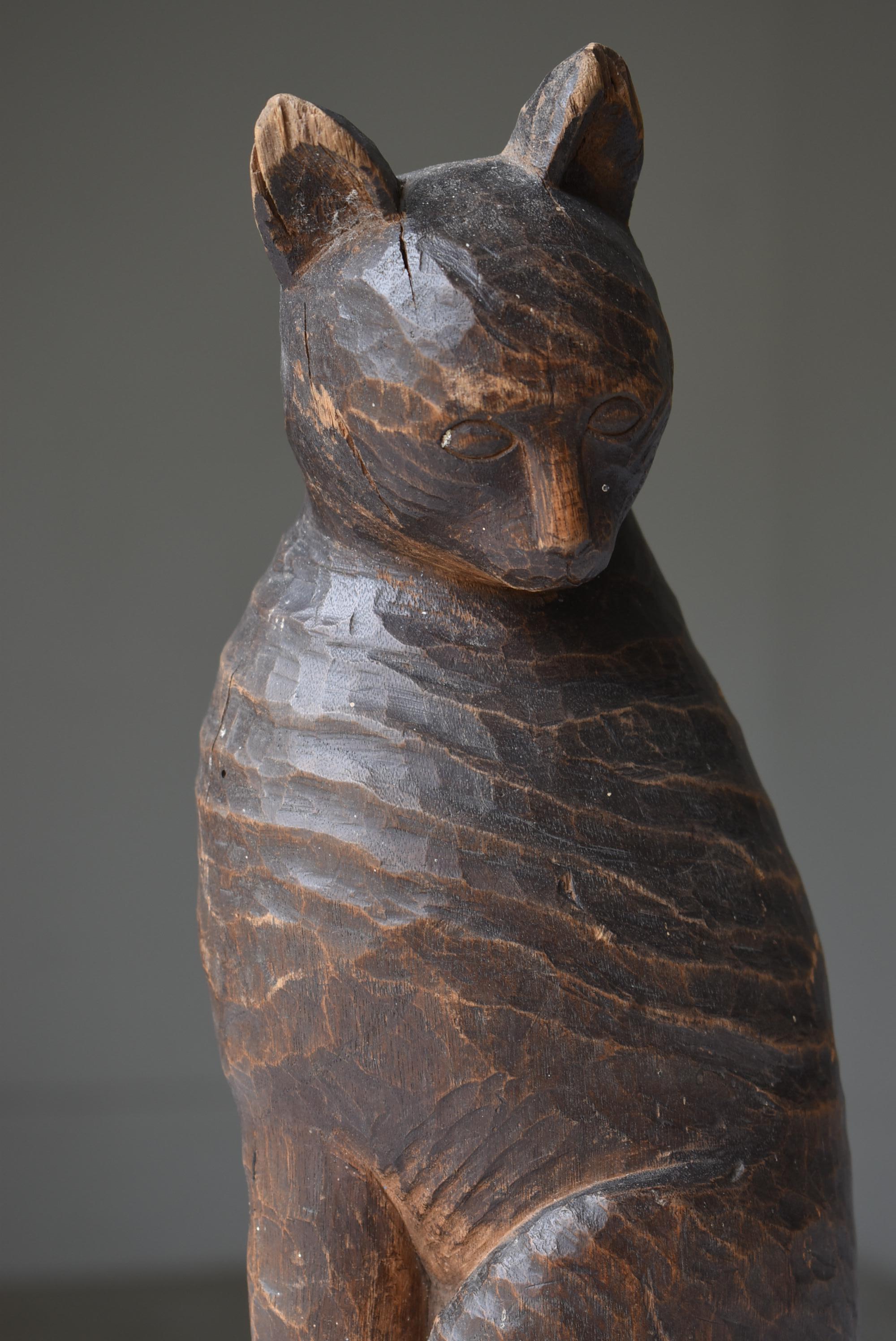 20th Century Japanese Antique Wood Carving Cat 1860s-1900s / Sculpture Wabi Sabi