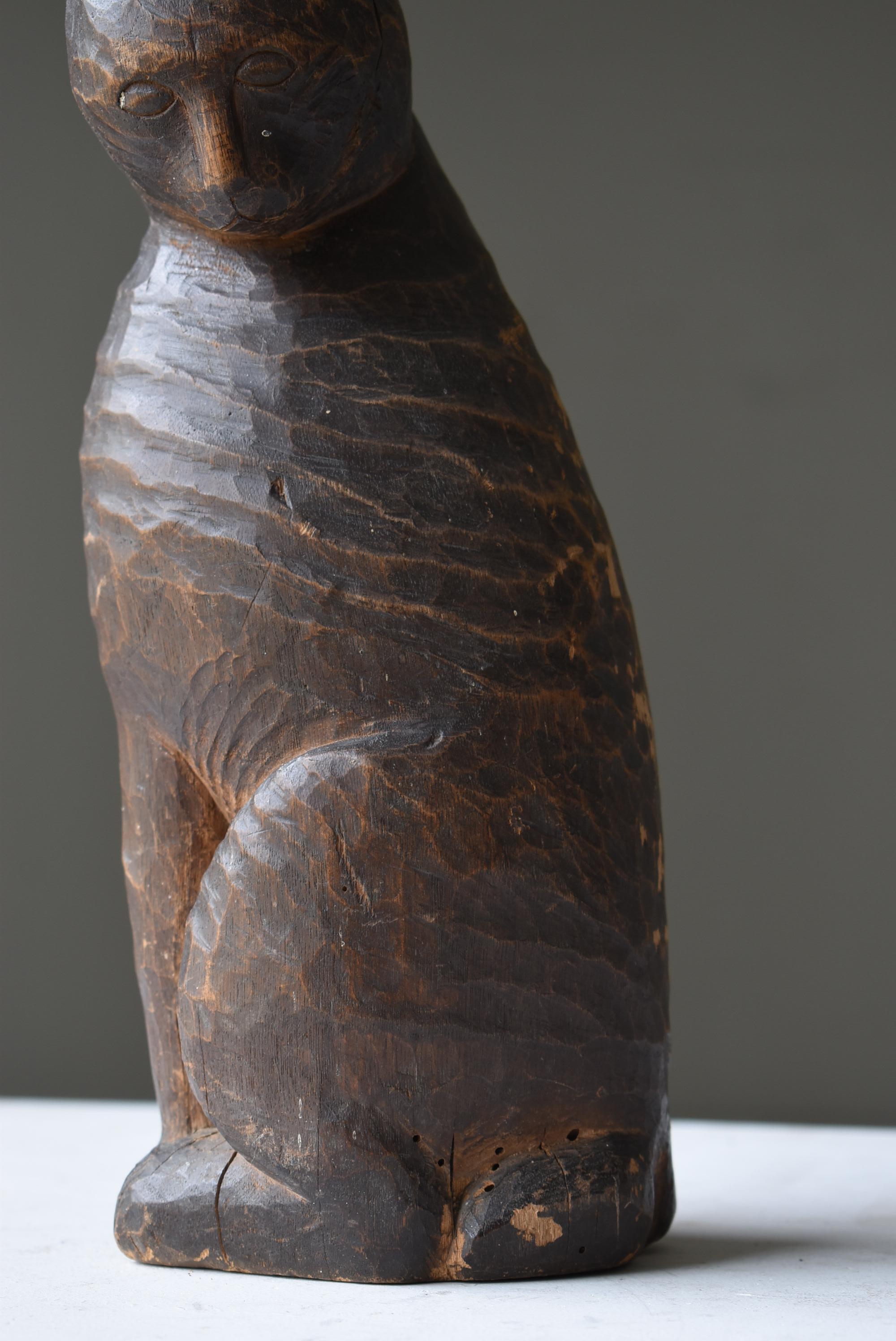 Japanese Antique Wood Carving Cat 1860s-1900s / Sculpture Wabi Sabi 1