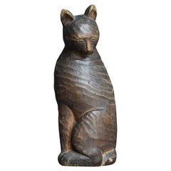 Japanese Antique Wood Carving Cat 1860s-1900s / Sculpture Wabi Sabi
