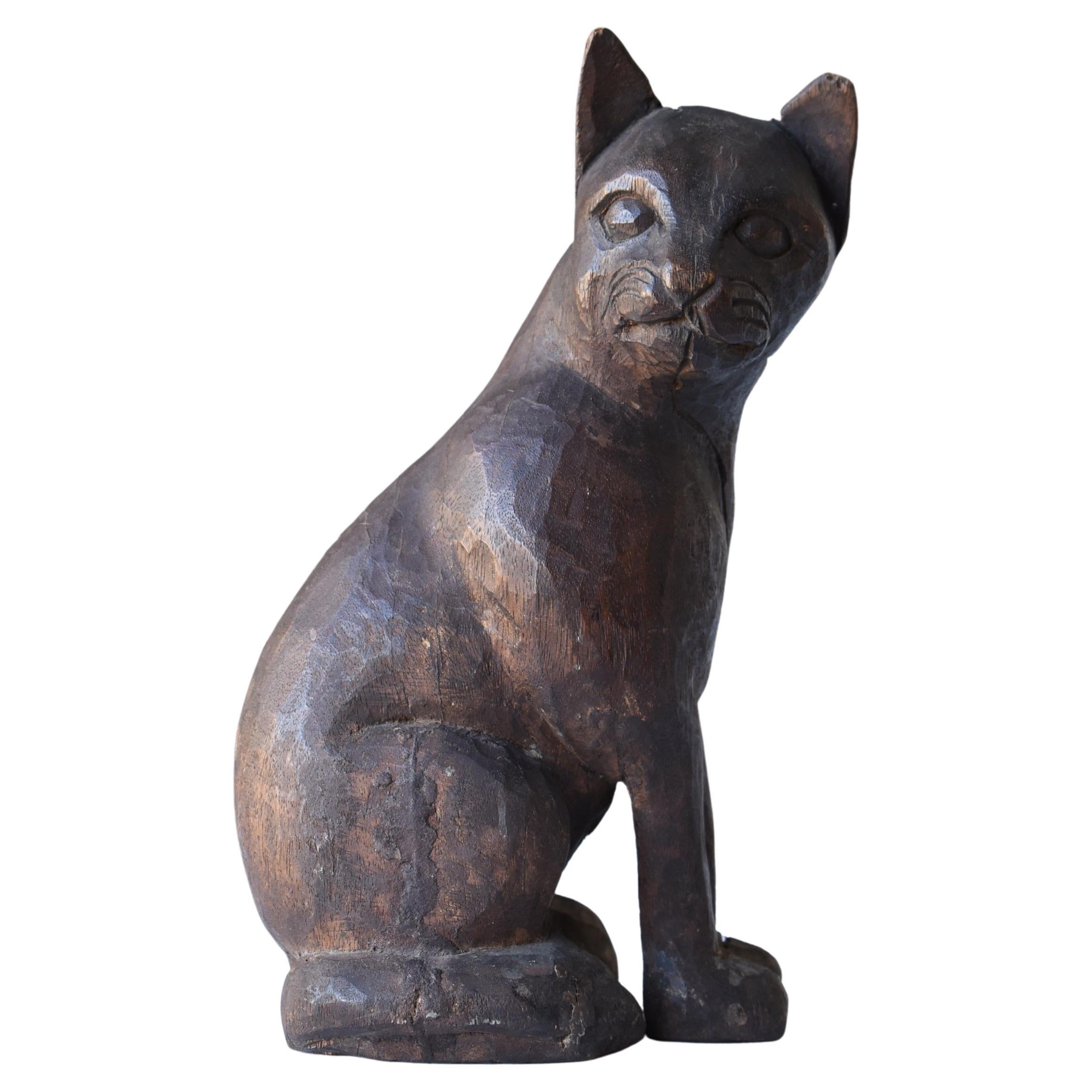 Japanese Antique Wood Carving Cat 1860s-1920s /Figurine Animal Sculpture Object