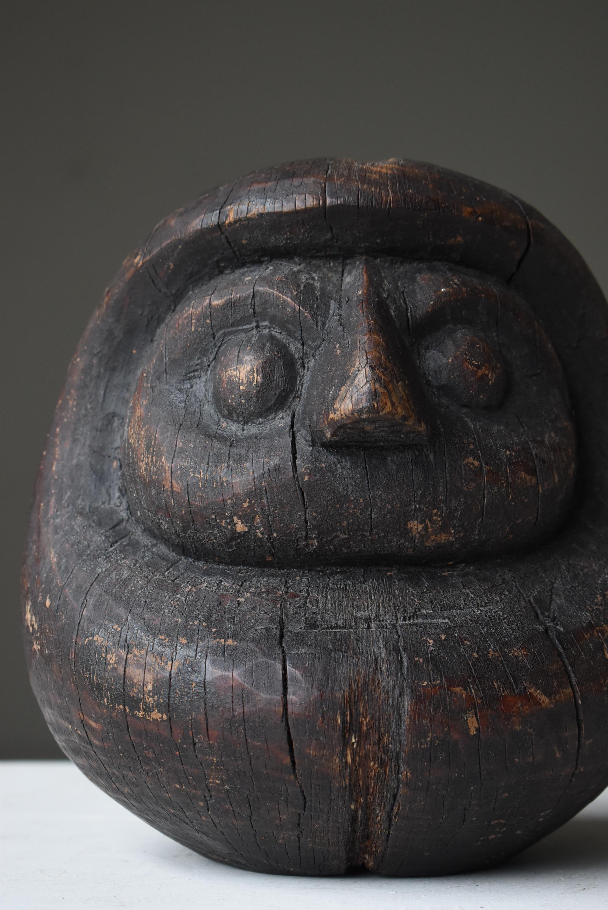 Meiji Japanese Antique Wood Carving Daruma 1900s-1920s / Wabisabi Sculpture Mingei