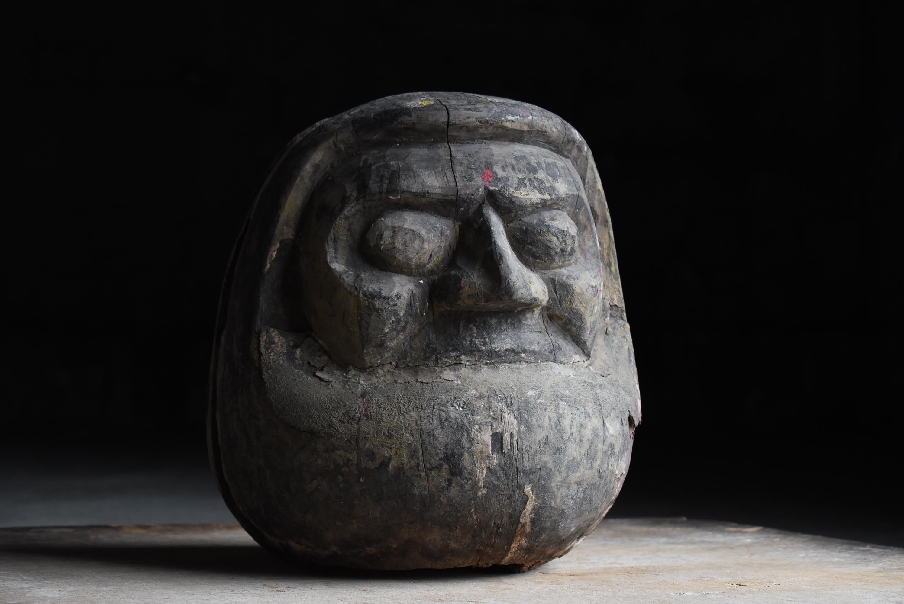 Japanische antike japanische Holzschnitzerei Große Daruma 1860er-1920er Jahre / Skulptur Wabisabi (Taisho)