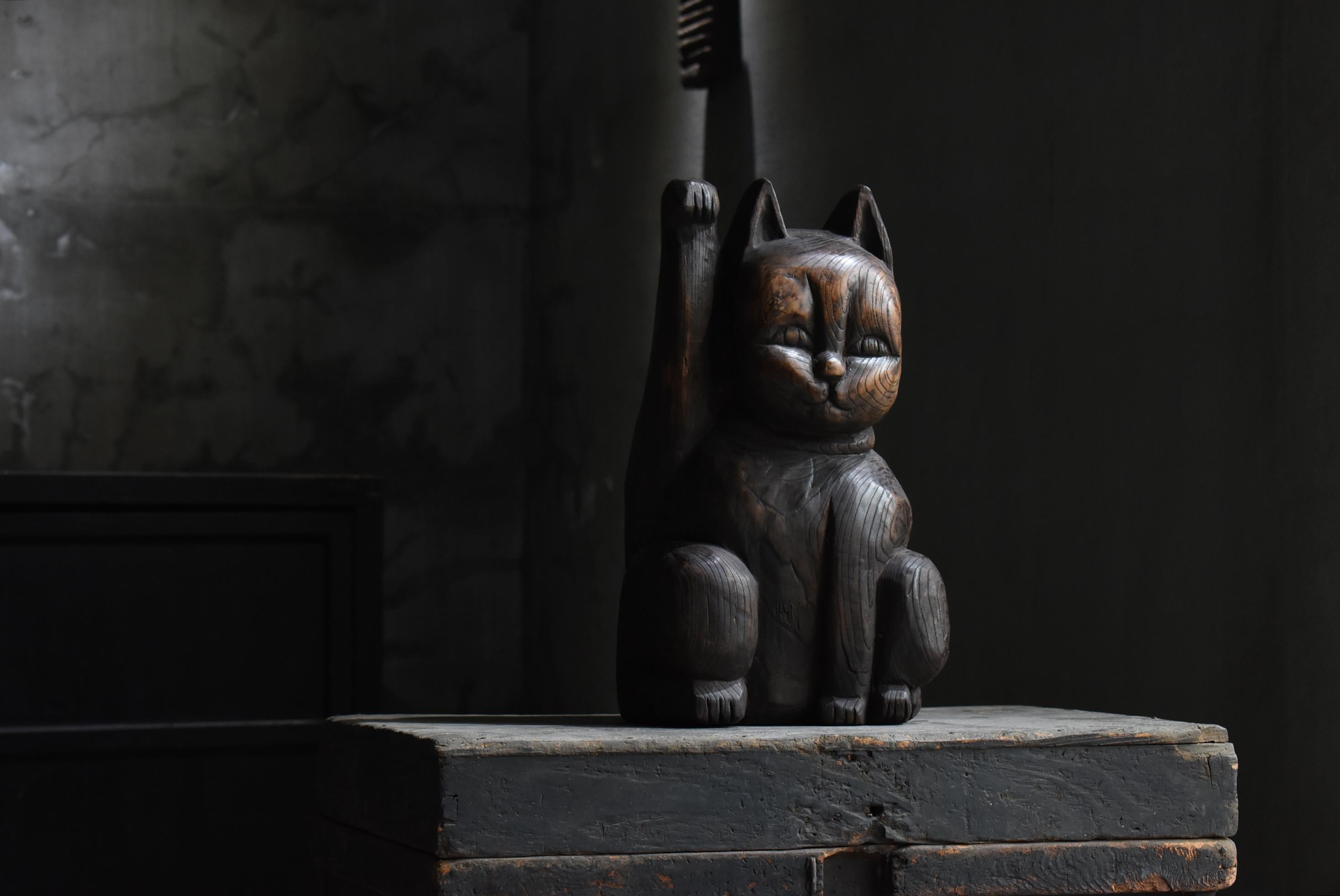 Japanese antique Wood Carving large Maneki Neko 1900s-1940s/Beckoning Cat mingei 8