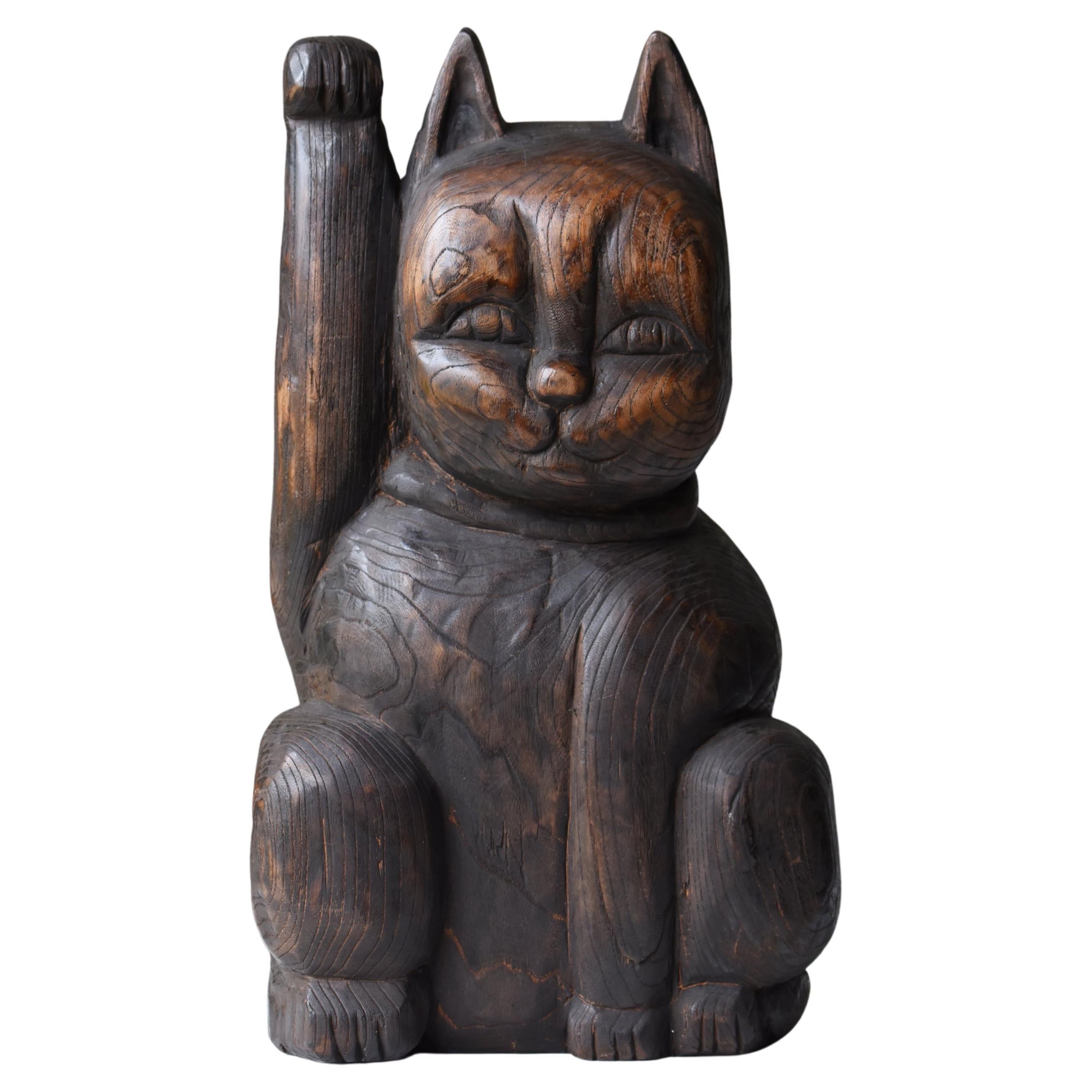 Japanese antique Wood Carving large Maneki Neko 1900s-1940s/Beckoning Cat mingei
