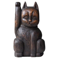 Japanese antique Wood Carving large Maneki Neko 1900s-1940s/Beckoning Cat mingei